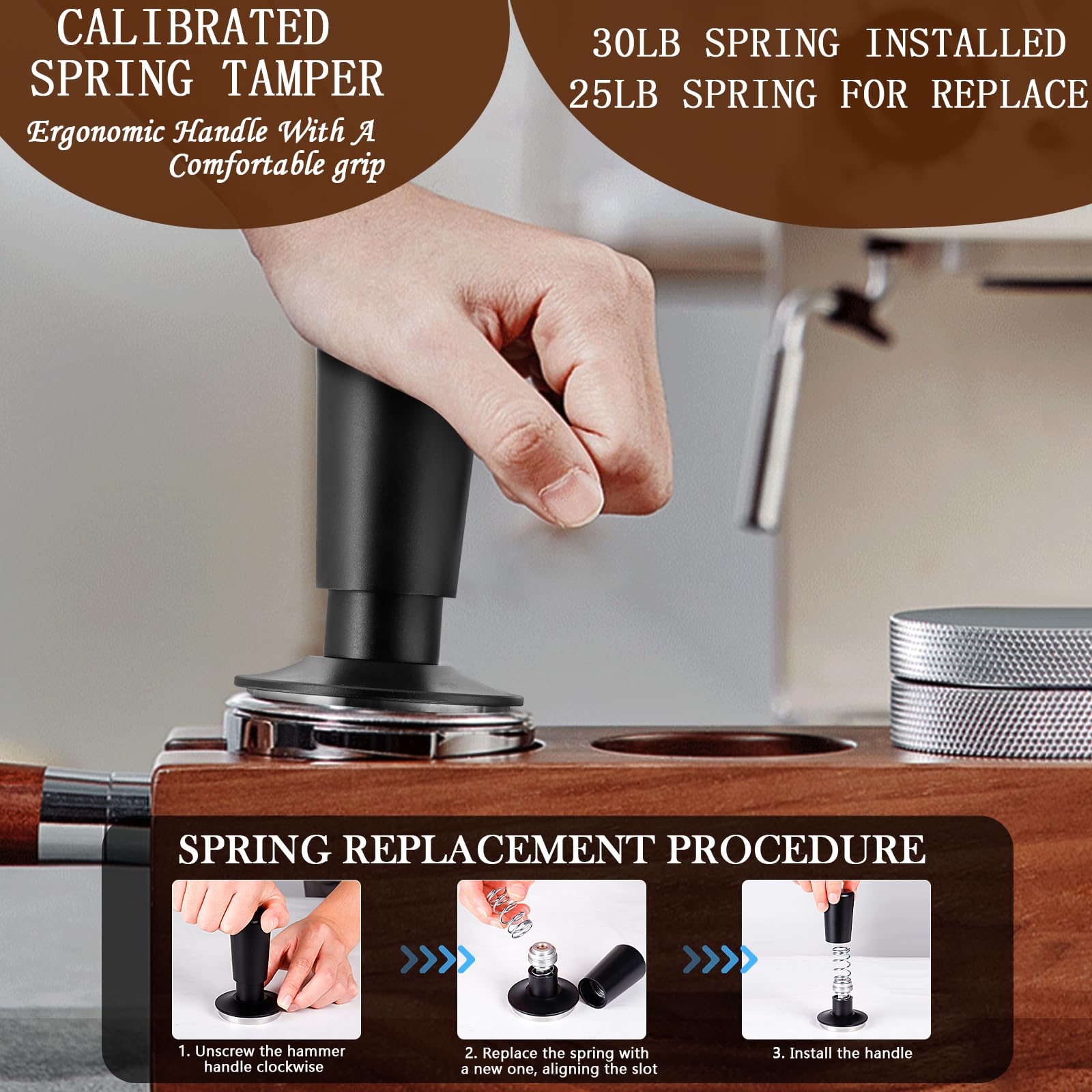 Espresso Coffee Tamper With Calibrated Spring-Loaded 25Lb / 30Lbs Replacement Springs Ripple Base Black Premium Barista Tool Ano