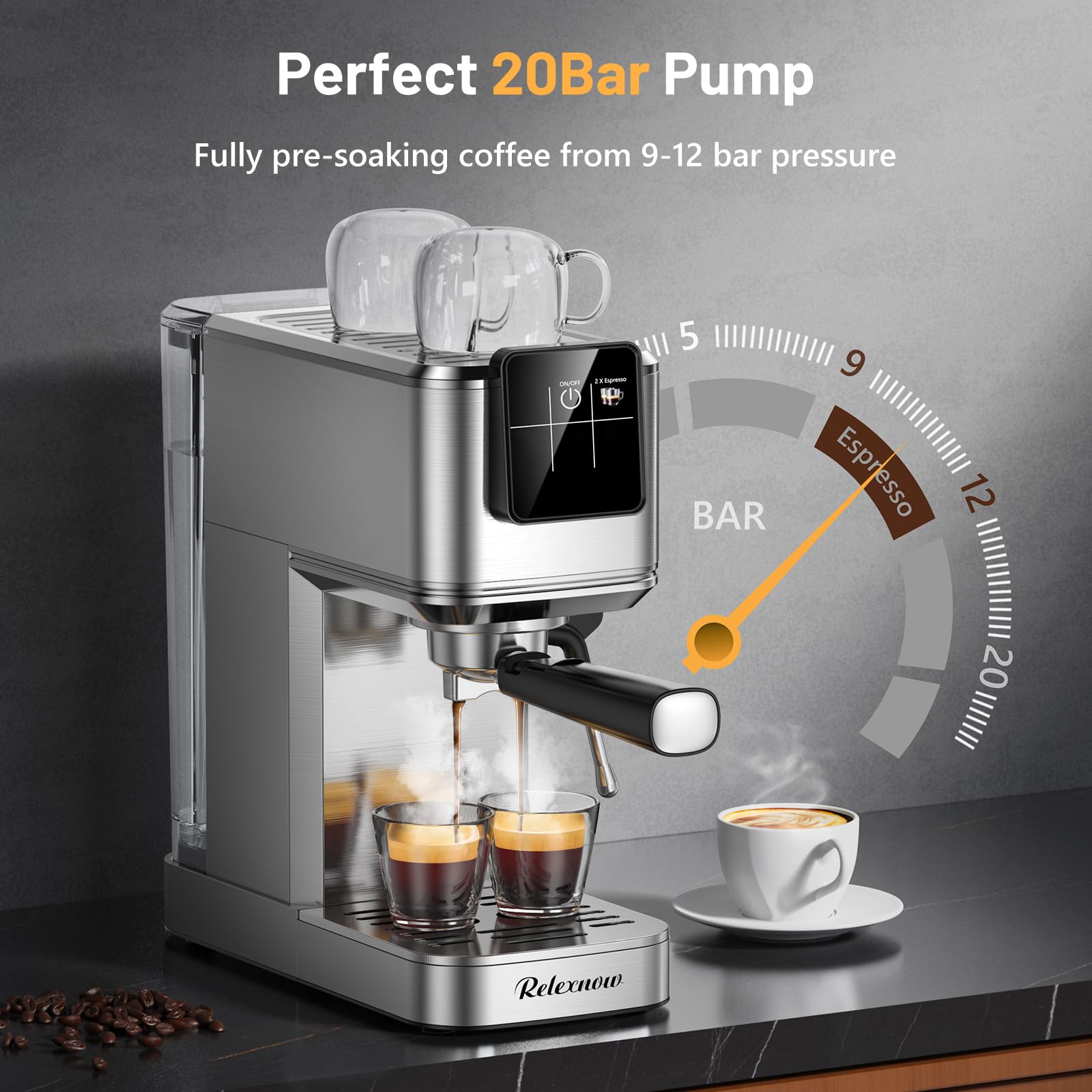 Relexnow Espresso Machine, 20 Bar Espresso Maker Milk Frother & Lcd Panel, Hot & Iced Coffee Machine, Stainless Steel Espresso C