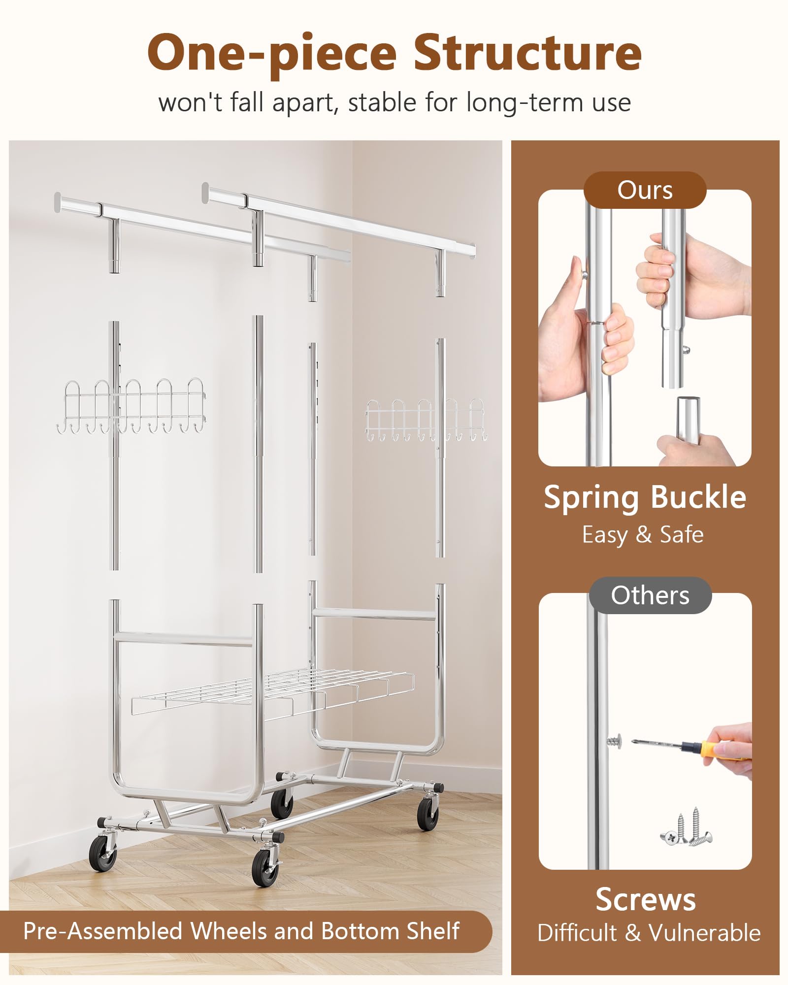 Hoctieon 2-Minute Assembly Double Rod Clothes Rack, Heavy Duty Rolling Clothing Racks With Wheels, Foldable Commercial Garment R