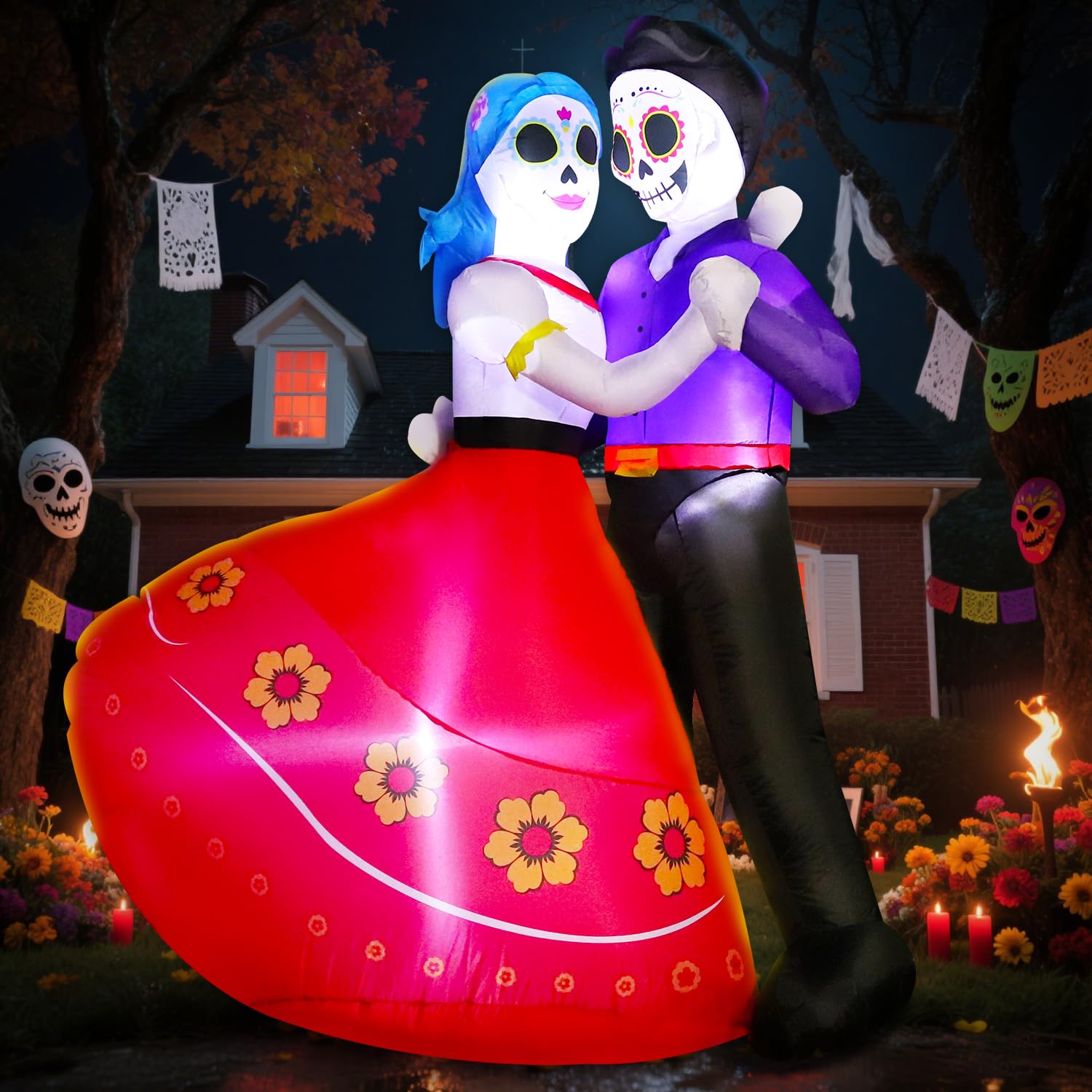 DomKom Halloween Inflatable Blow Up Decorations, Dia de Los Muertos 6FT Day of Dead Catrina Sugar Skull Couple Dancing, Built-in