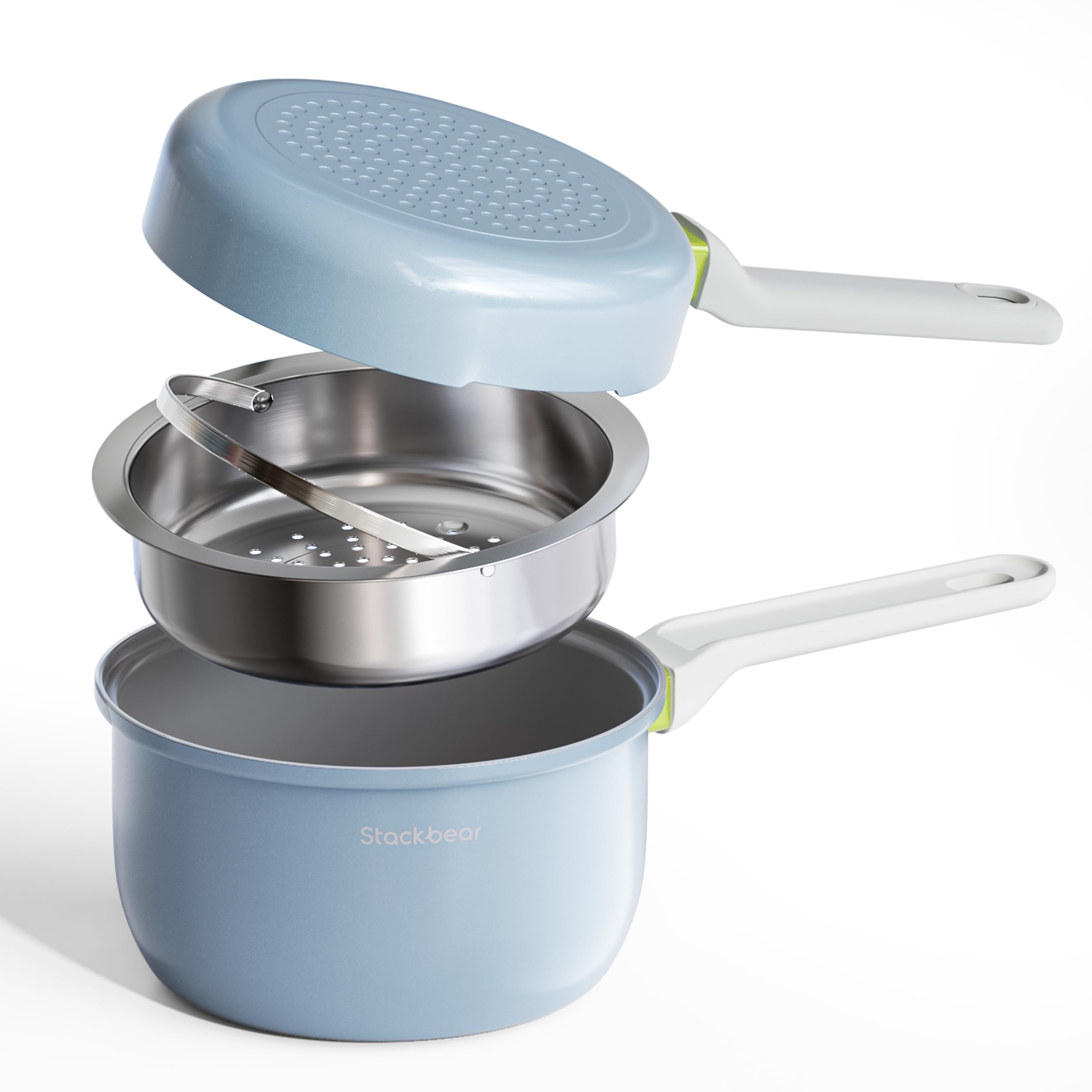Ceramic Non Stick Sauce Pan, 2.5QT Saucepan with Frying Pan as Lid, Steamer Pot for Cooking, Induction Cookware Set, PTFE, PFOA 