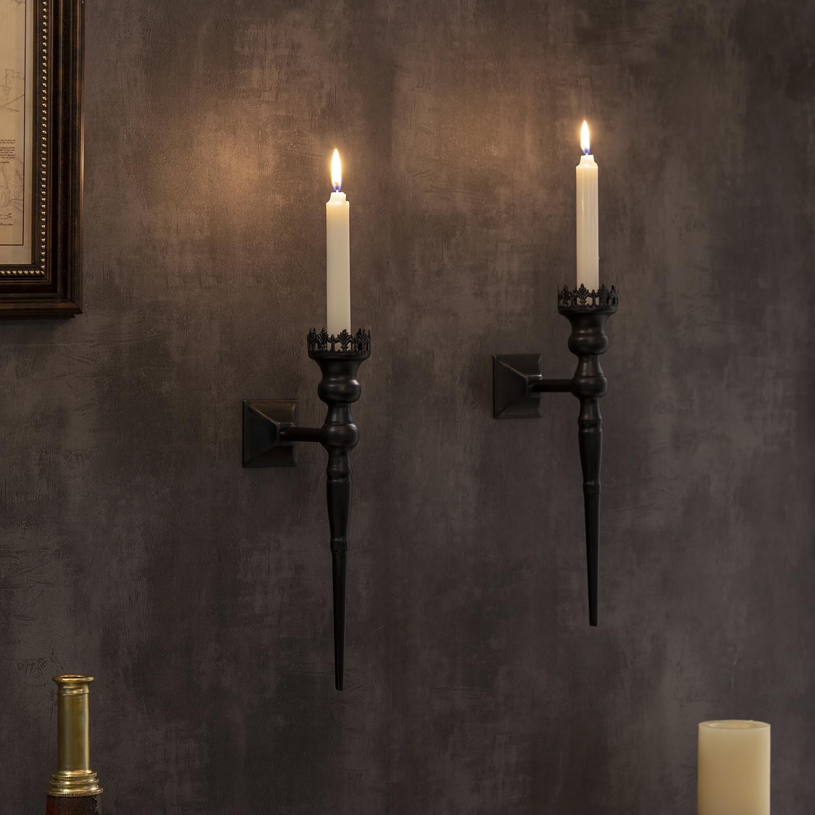 Woparty Gothic Wall Sconce Candle Holder for Taper Candles (Set of 2) Black Iron Crown and Scepter Design Victorian Wall Decor f