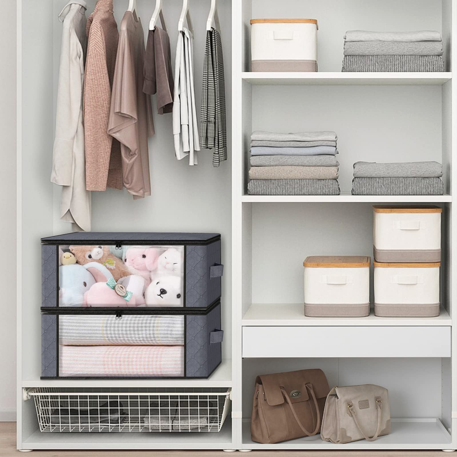 HomeHacks Storage 4-Pack Clothes Organizer Storage Bags Foldable Storage Box with Large Clear Window Sturdy Handles for Closet,