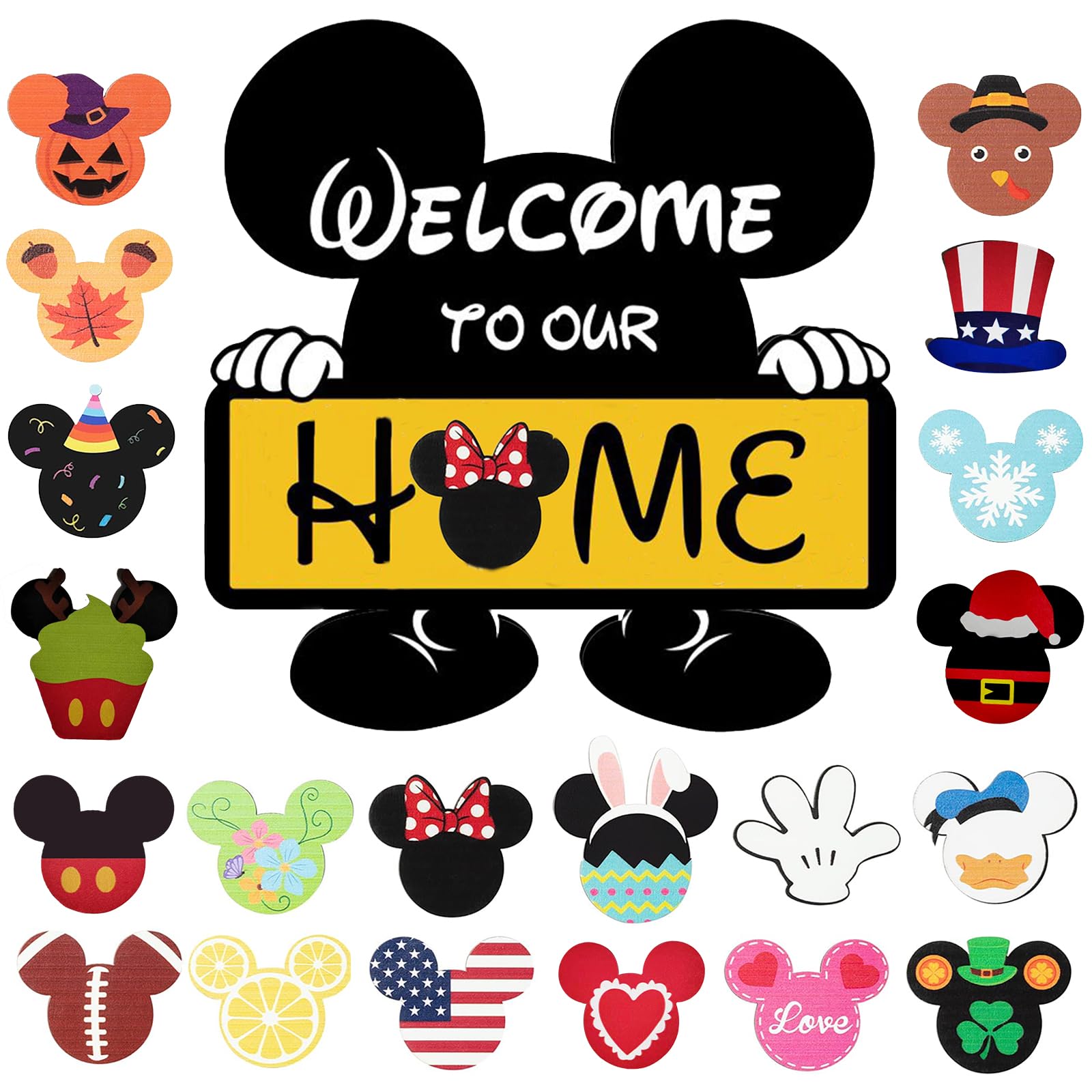 FUEMEILY Cute Mouse Seasonal Interchangeable Welcome Door Sign, Welcome to Our Home Sign with 20pcs Interchangeable Holiday Piec