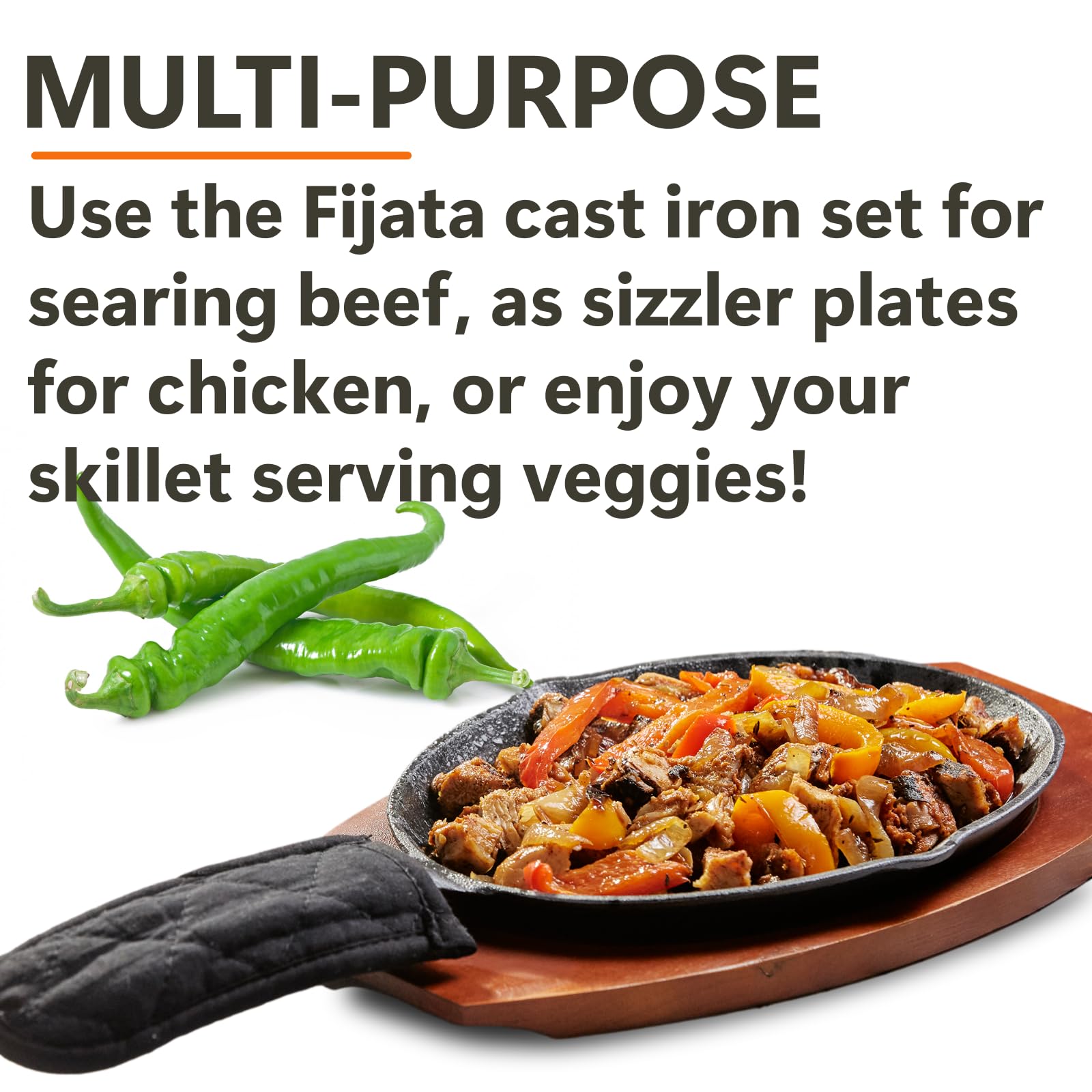 Mr. Bar-B-Q Cast Iron Fajita Skillets Set, Pre-Seasoned Non-Stick Sizzling Plate, Wooden Base W/Cloth Handle, Sizzler Steak Plat