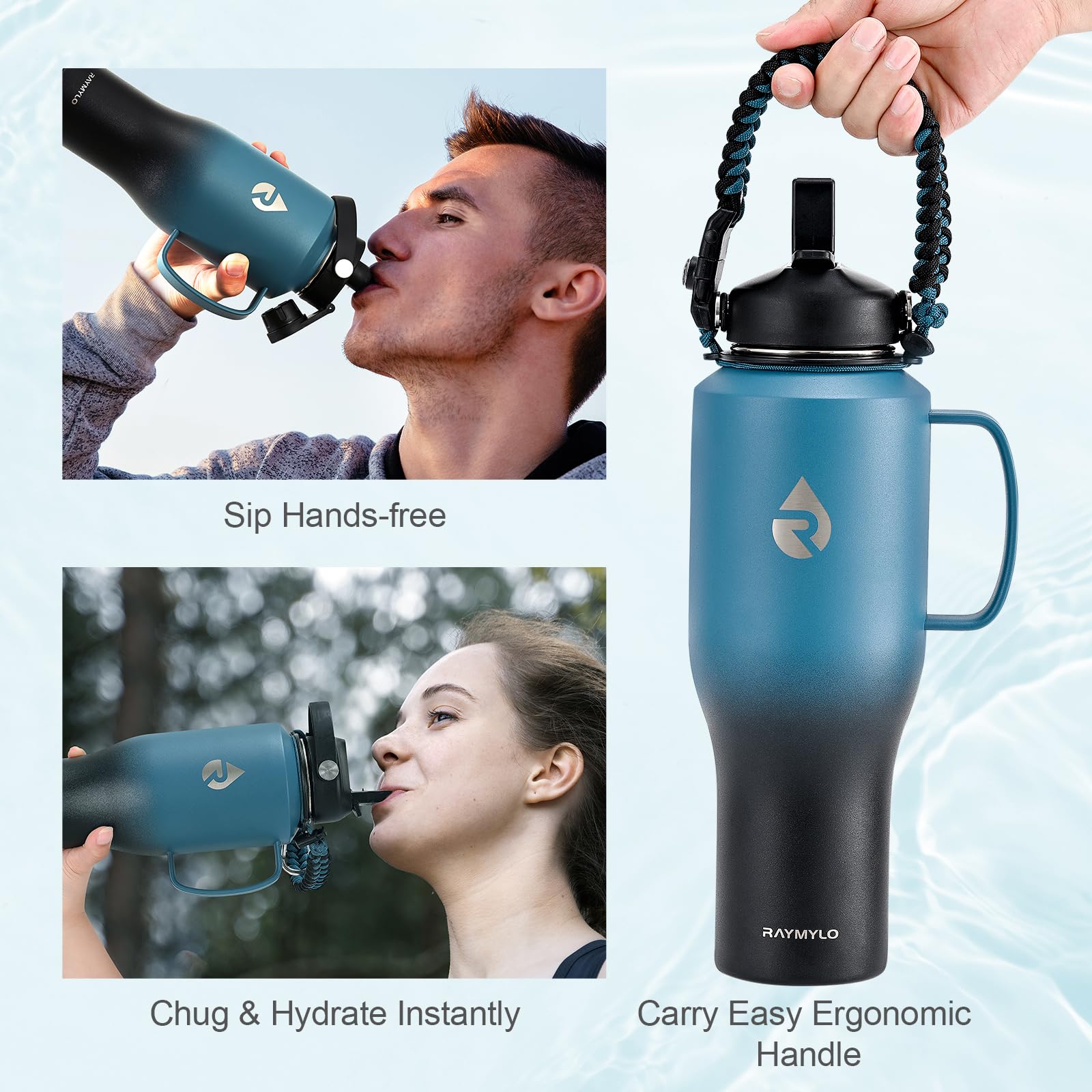 Raymylo Insulated Water Bottle 40Oz (Cold For 48 Hrs), Stainless Steel Water Bottle With Handle & Straw Lid & Paracord Handle, T