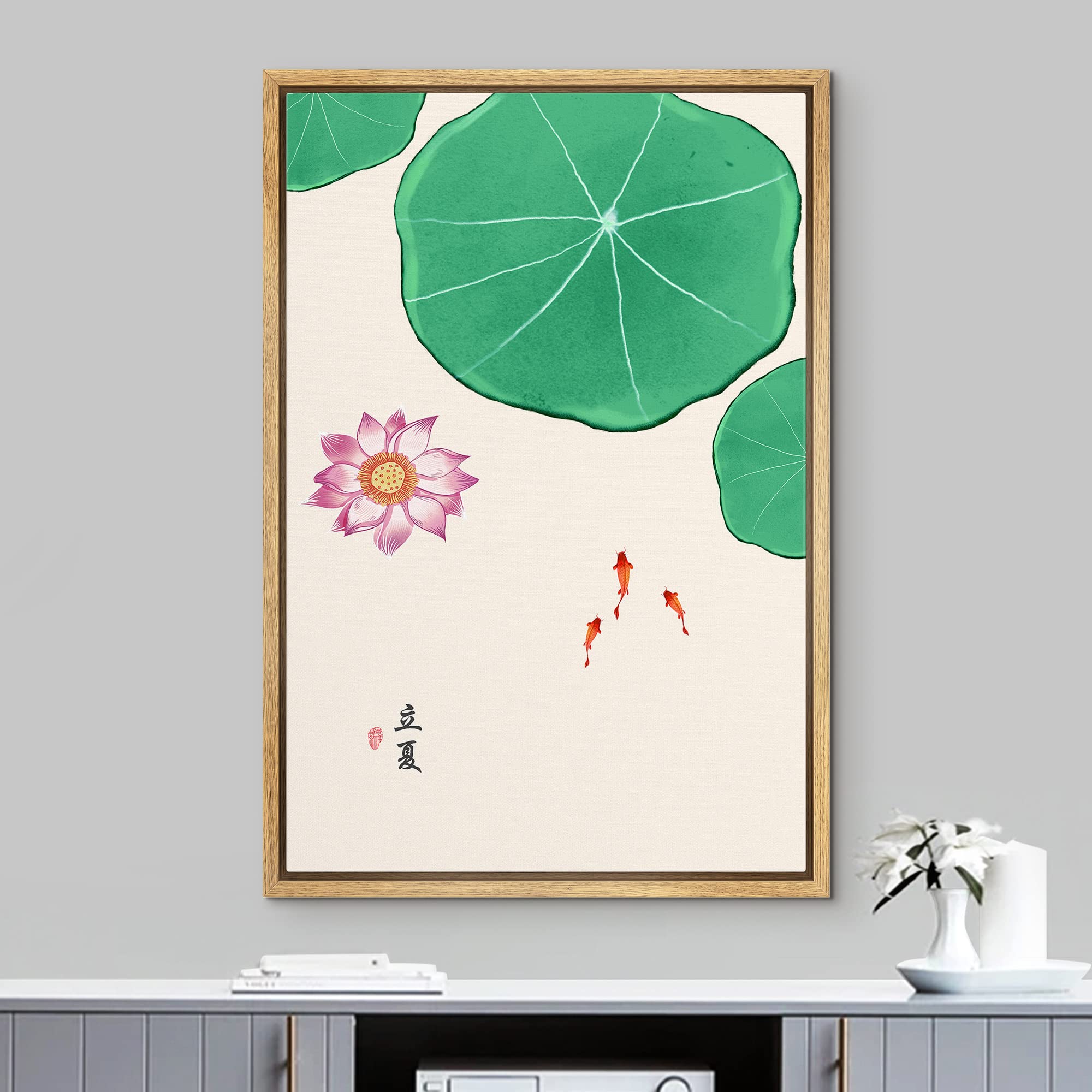 NWT Framed Canvas Print Wall Art Watercolor Chinese Style Lily Pads  Lotus & Fish Nature Wilderness Illustrations Modern Art Rustic Colorful Pastel for Living Room  Bedroom  Office - 16''x24'' Natural