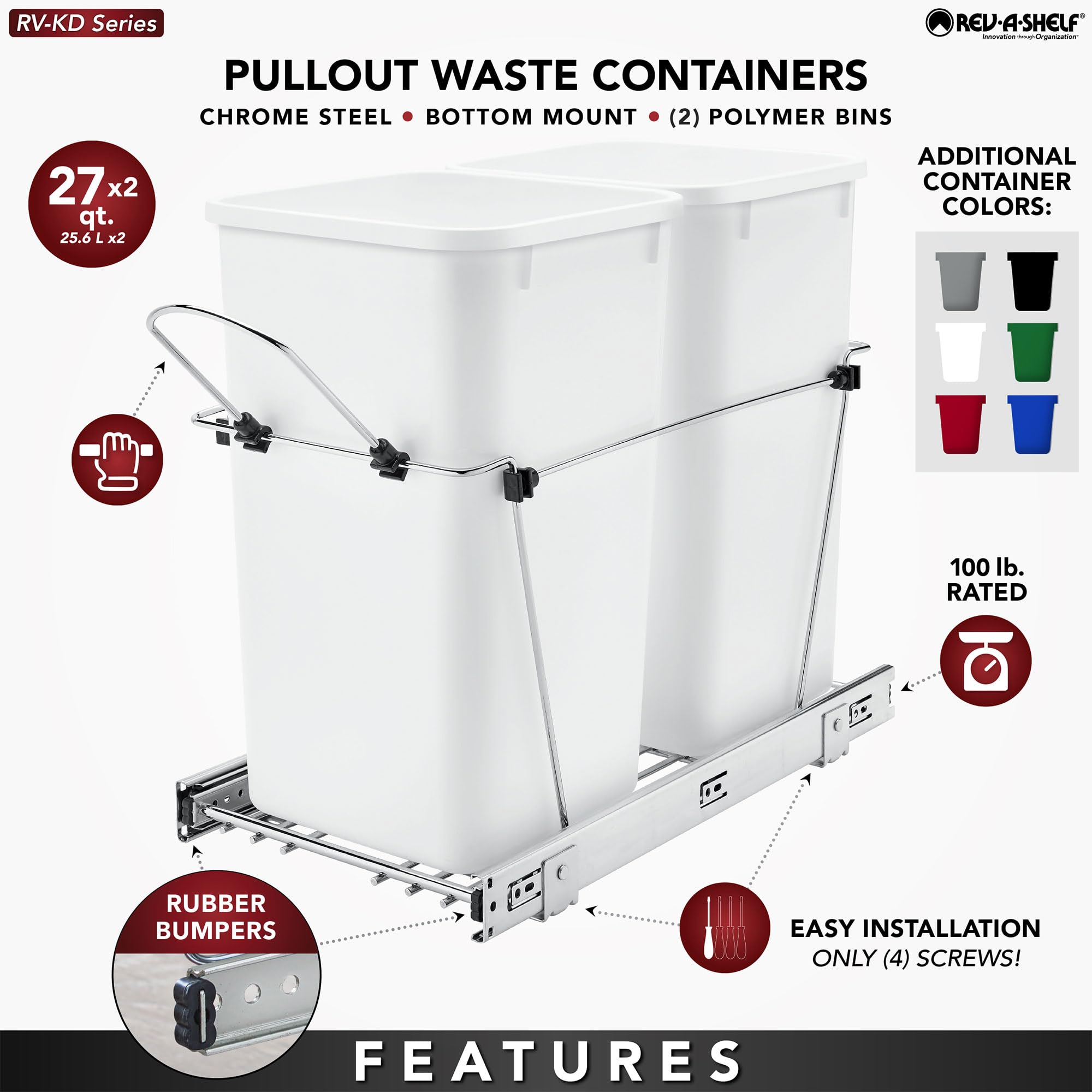 Rev-A-Shelf Pull Out Trash Can For Under Kitchen Cabinets 27 Qt 12 Gallon Garbage Recyling Bin With Full Extension Slides, Blue/