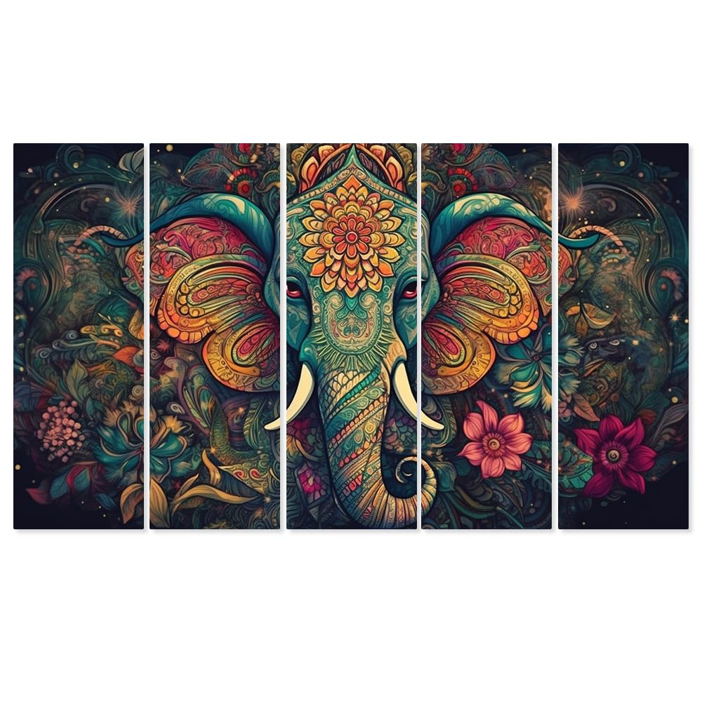 DEKORSTATION Vastu Multicolor Elephant Head Multiple Frames Canvas Wall Painting for Living Room, bedroom and Office Decoration