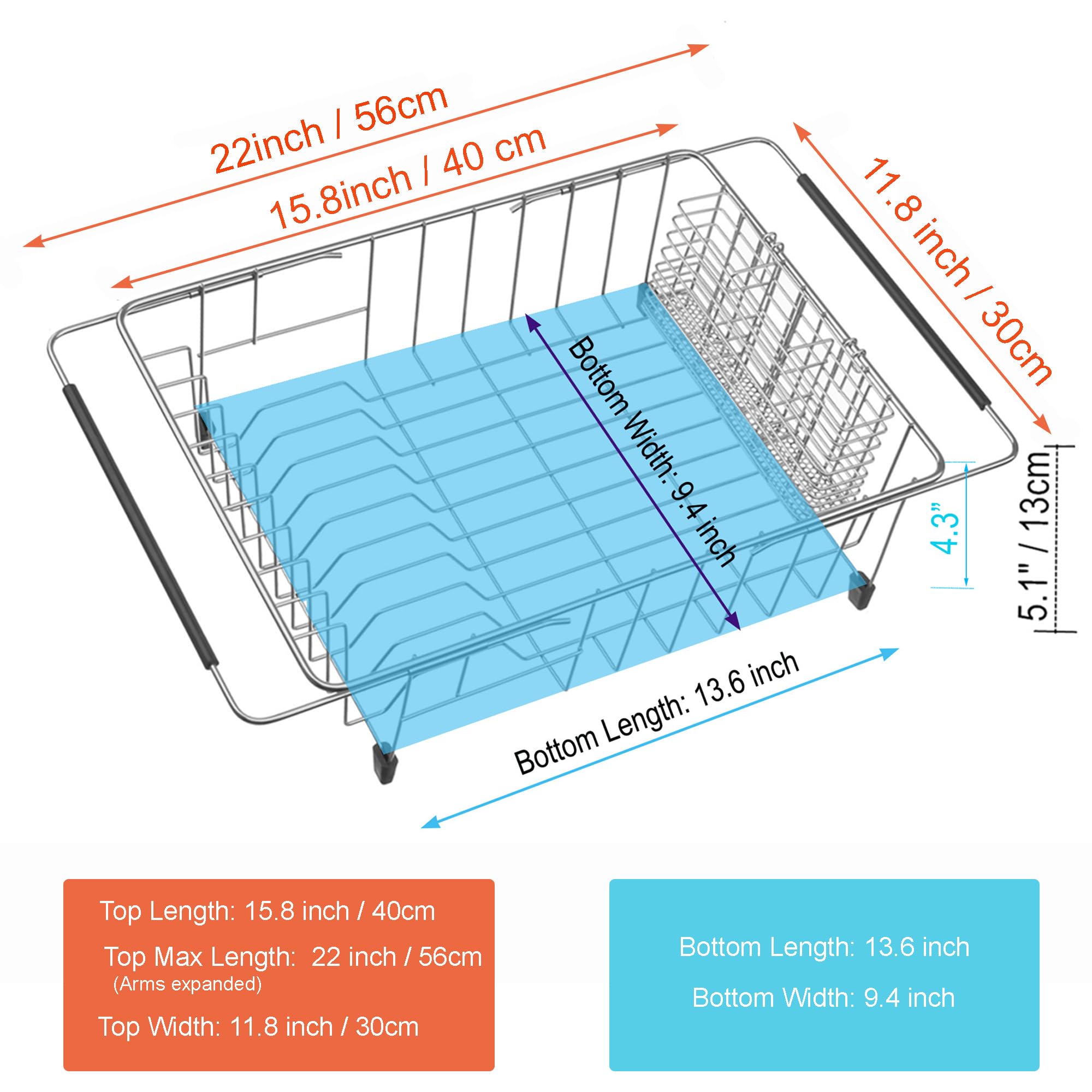 Ipegtop Expandable Multifunctional Dish Drying Rack, Rustproof Stainless Over Sink Dish Drainer Rack Basket Shelf, Dish Drainer