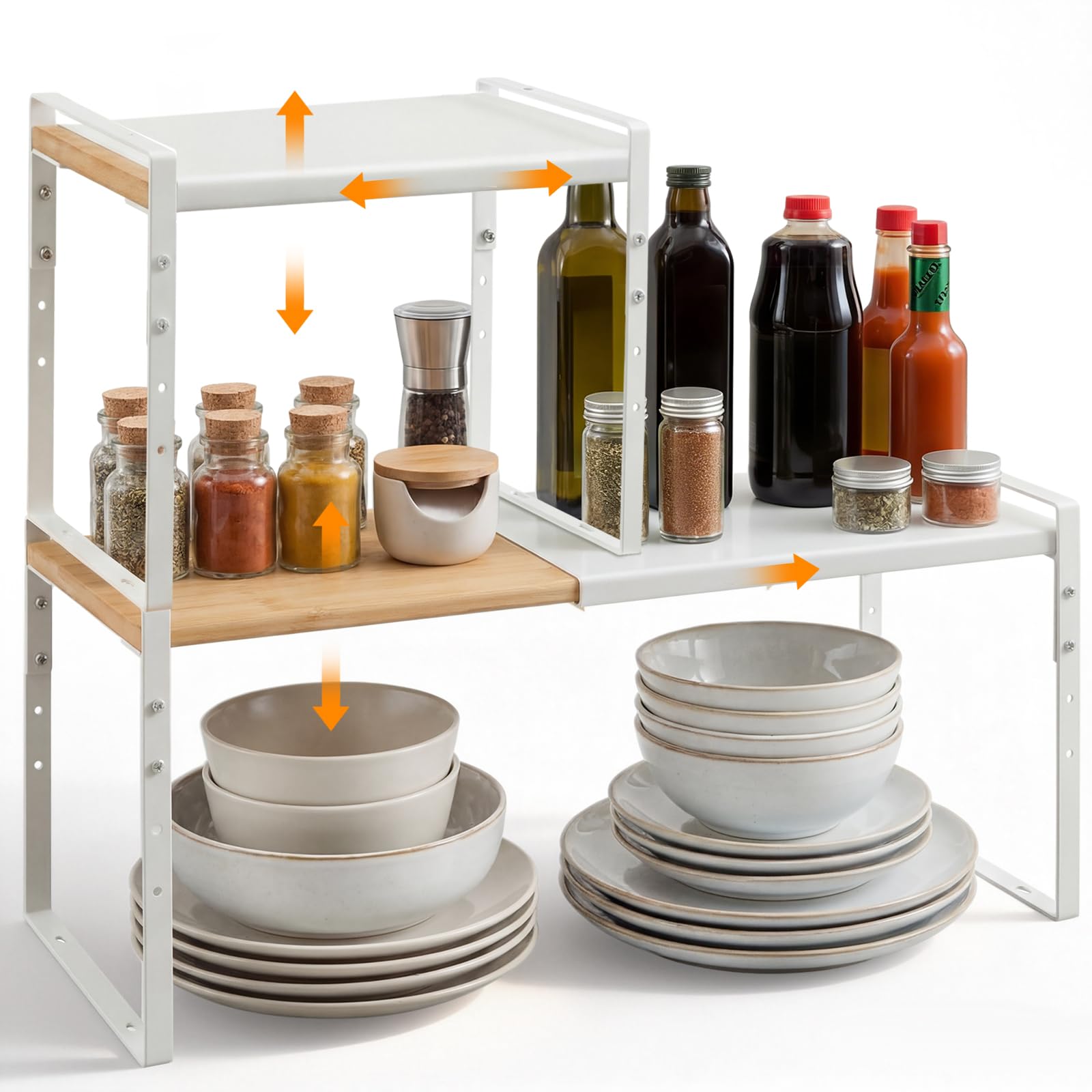 Blulu 2 Pack 1324.4 Expandable Kitchen Cabinet Shelf Organizer Bamboo & Metal Heavy Duty Adjustable 57.7 h Shelf Riser Space