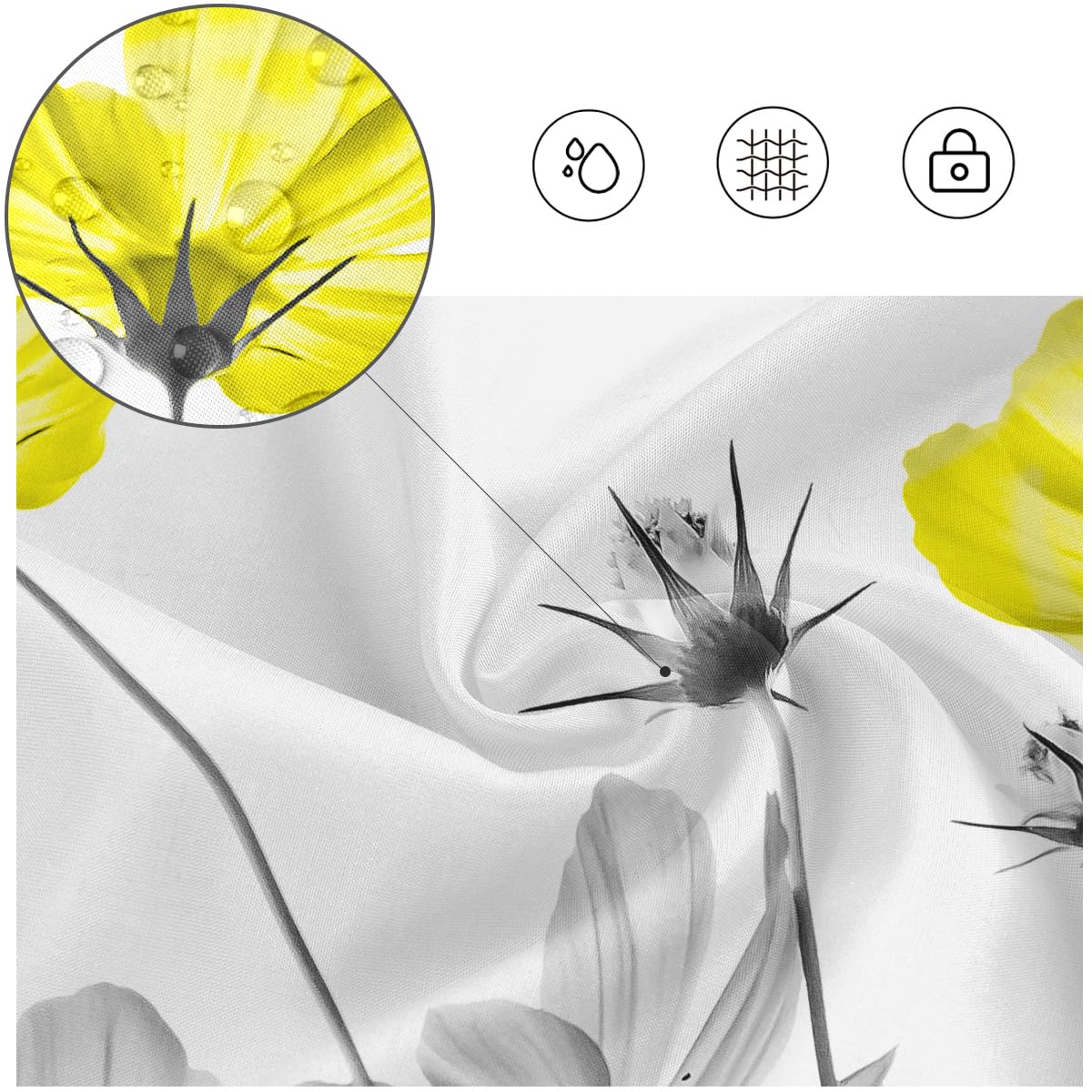 Kikiry Yellow Gray Shower Curtain 60''W X 72''L White Grey Flowers Wildflower Daisy Floral Ink Painting Botanical Simple Eleganc
