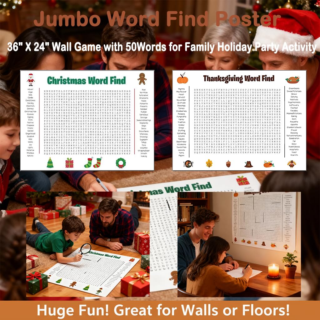 Jumbo Thanksgiving Word Search Poster, Giant Holiday Word Search Wall Poster for Thanksgiving and Christmas, 36 X 24 Wall Game w
