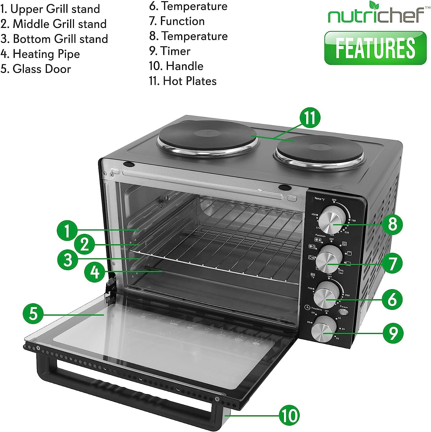Nutrichef 30 Quarts Kitchen Convection Oven - 1400 Watt Countertop Turbo, Rotisserie Roaster Cooker With Grill, Griddle Top Rack