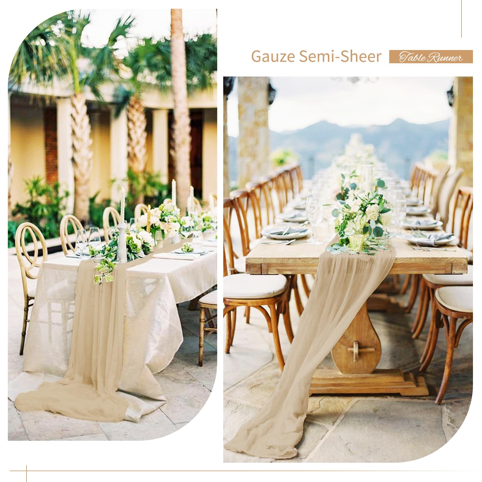 10 Pack Beige Cheesecloth Table Runner Gauze Table Runner 10Ft Long Semi-Sheer Table Runner Boho Or Rustic Wedding Table Decor F