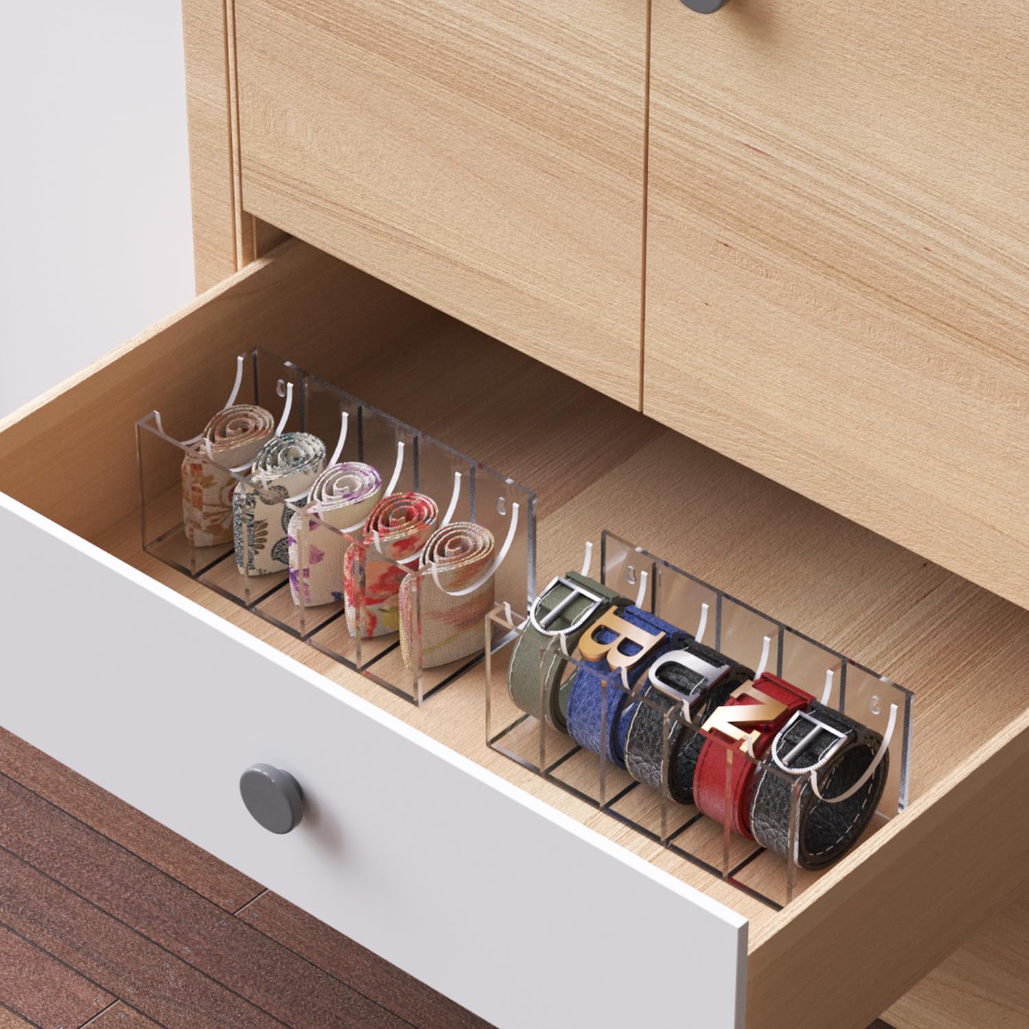 Gti Belt Organizer,Acrylic 5 Compartments Belt Organizer For Closet And Wall,Belt Storage Holder For Drawer,Clear Belt Display C