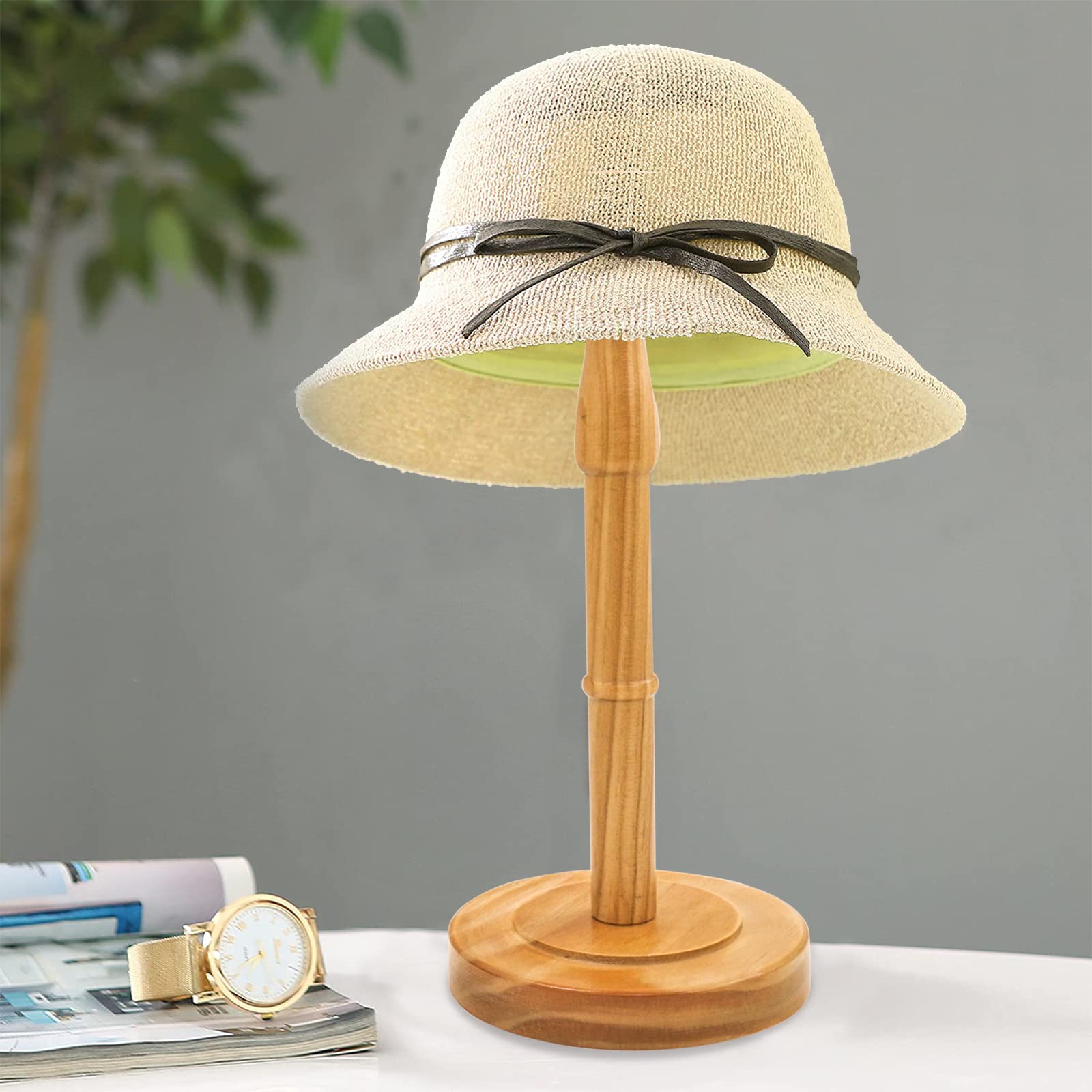 Haibeir Freestanding Hat Stand, Tabletop Hat Rack, Wood Display Stand Holder For Caps And Wigs (Natural)(One Piece)