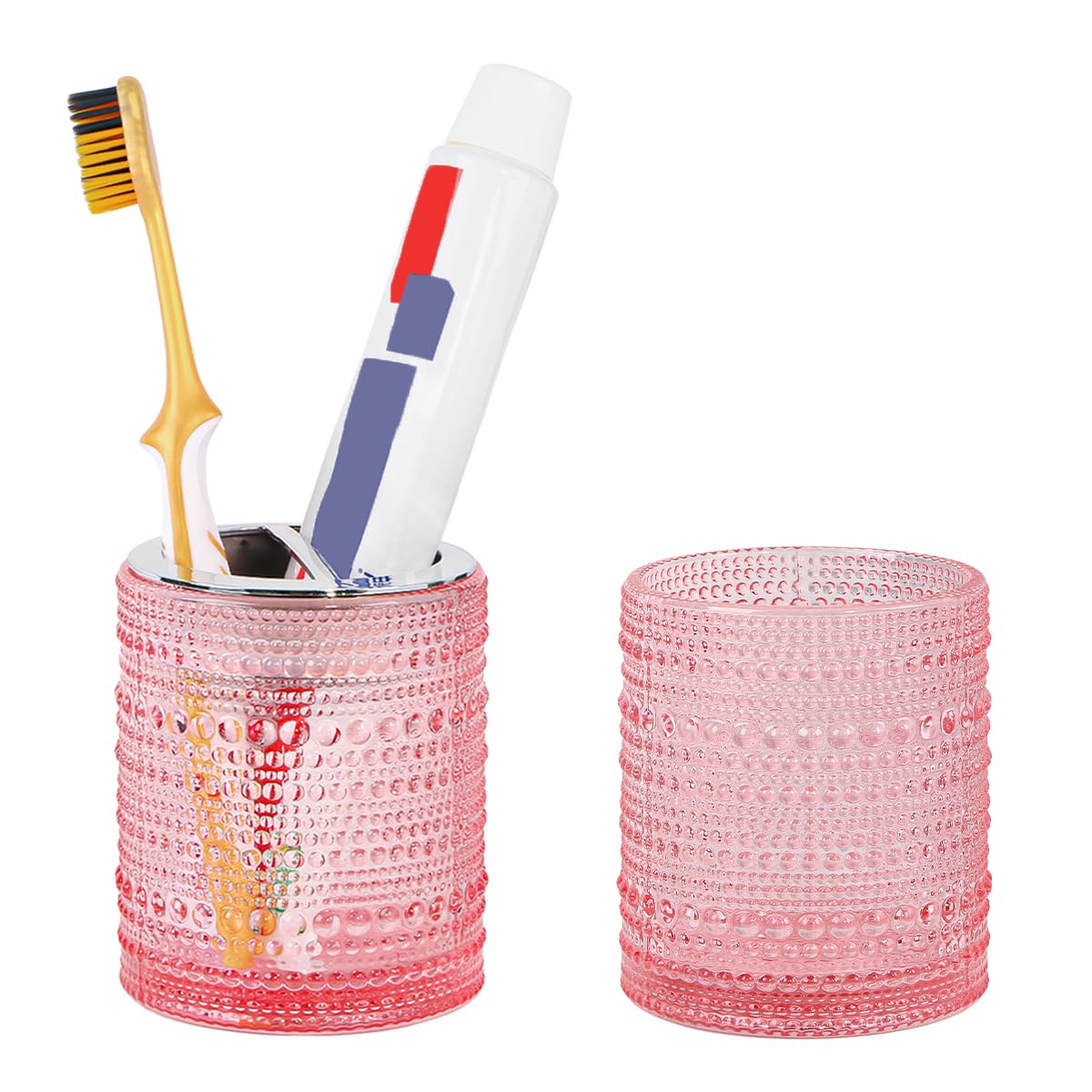 Tonxus Pink Toothbrush Holders for Bathrooms, Glass Toothbrush Holder with 2 Slot Divider, 10oz Bathroom Tumbler and Mouthwash C