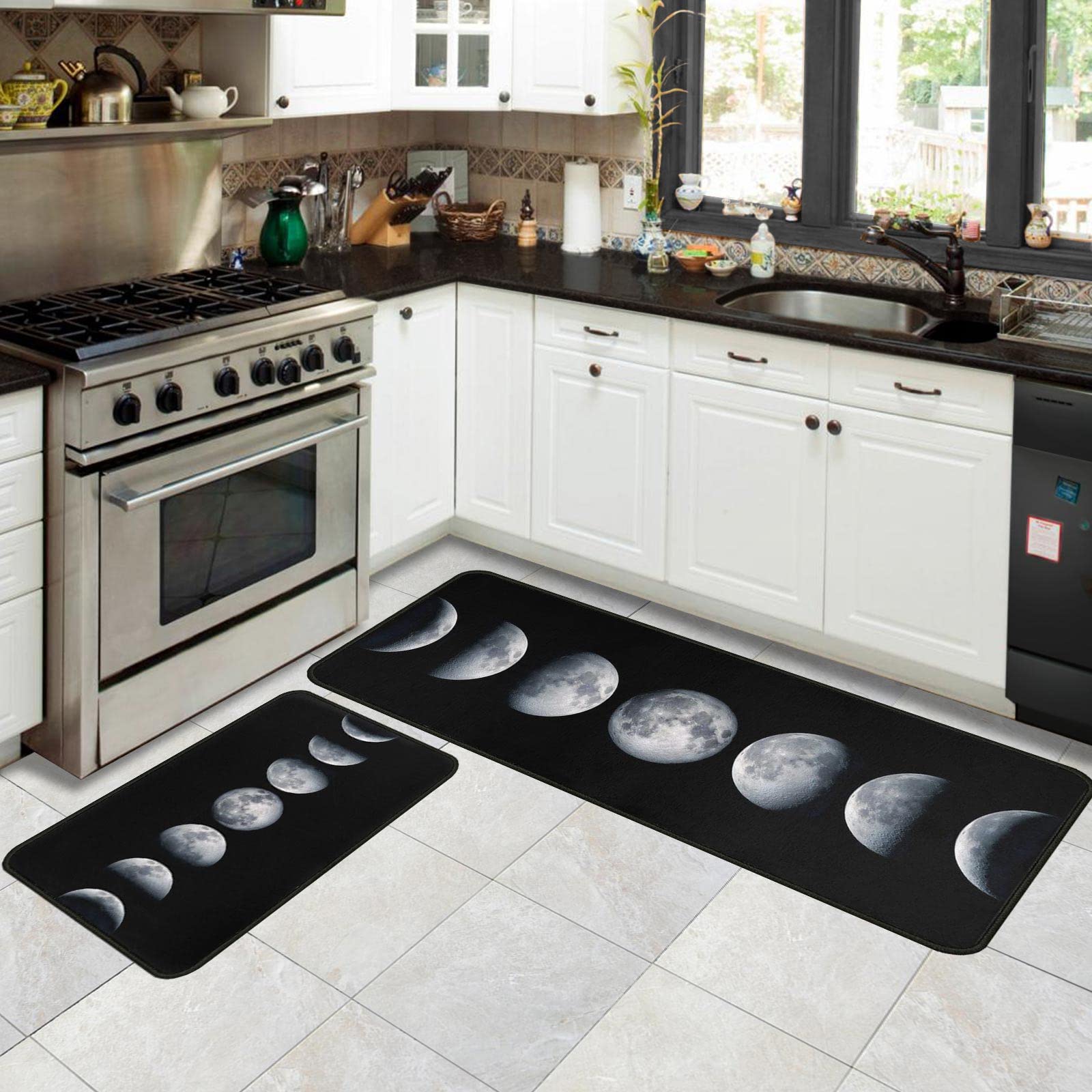 Moon Kitchen Rugs Set 2 Pieces Black Non Skid Kitchen Floor Rug And Mat Kitchen Runner Rug Standing Area Mat Carpets For Floor D