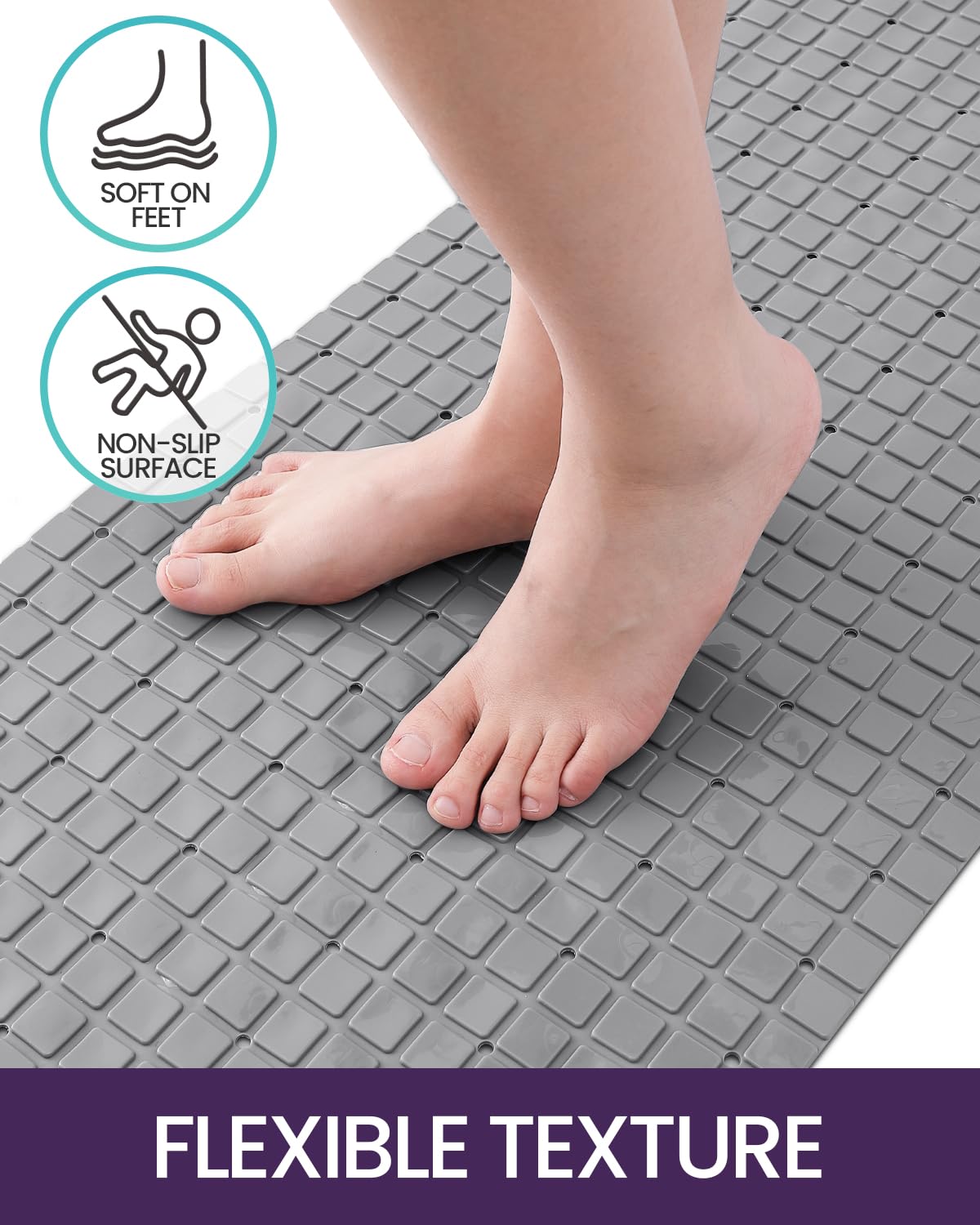 Dexi Bath Tub Shower Mat Non-Slip 16 X 39 Extra Long Bathtub Mats, Suction Cups, Drain Holes, Machine Washable Bathroom Mat, Gre