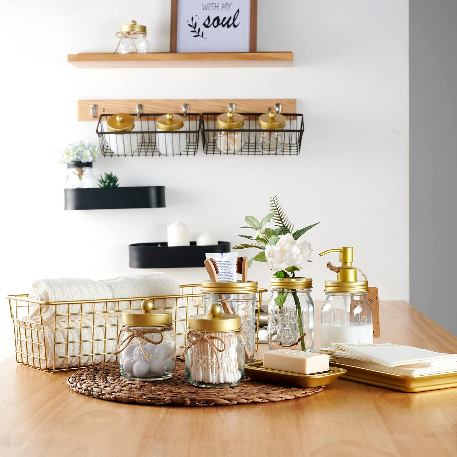 Mason Jar Bathroom Accessories Set 8 Pcs - Lotion Soap Dispenser,Toothbrush Holder,2 Apothecary Jars, Flower Vase,Soap Dish,Vani