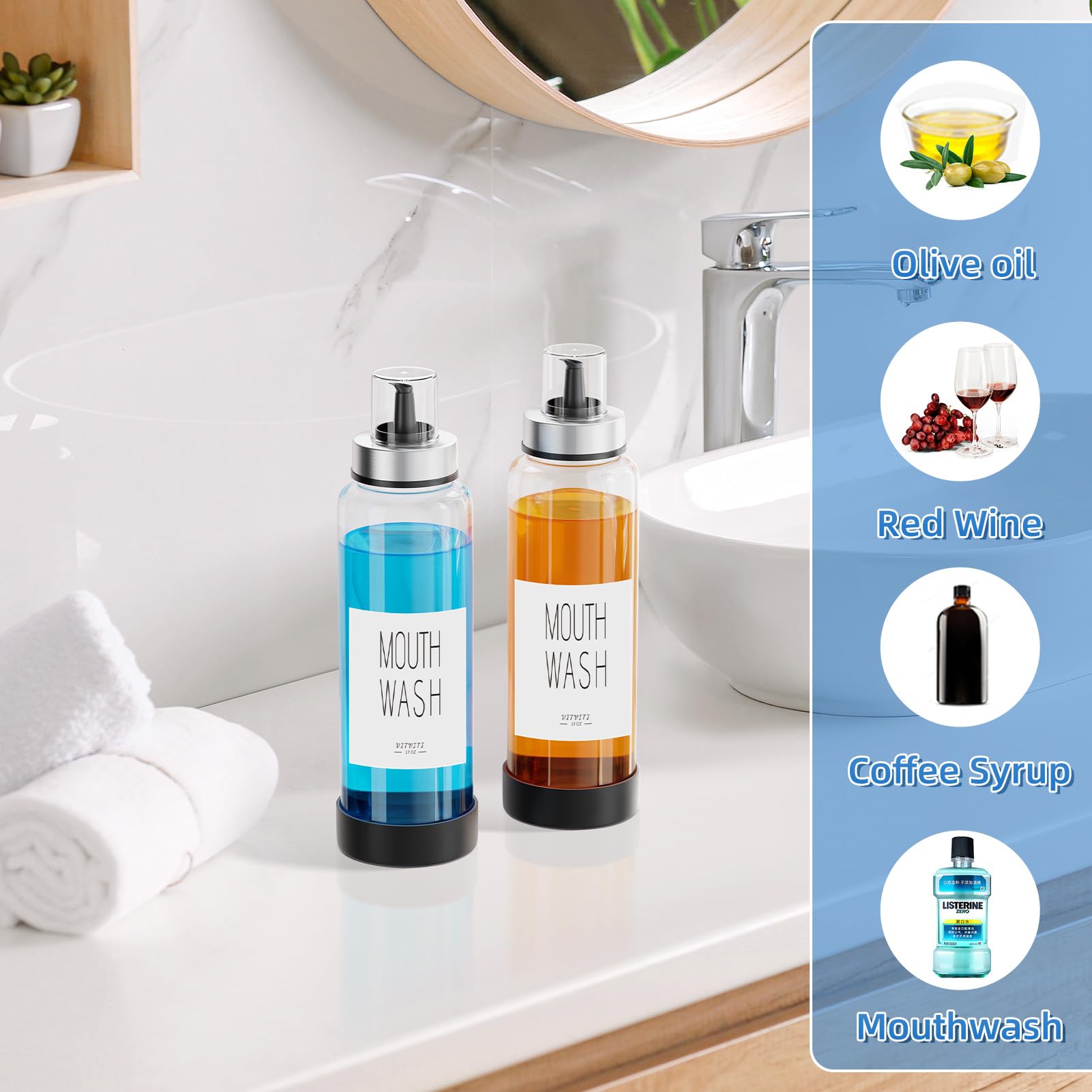 Vitviti Mouthwash Dispenser For Bathroom, Glass Mouth Wash Container With Cup Lid, 17Oz Clear Refillable Mouthwash Bottle Decant