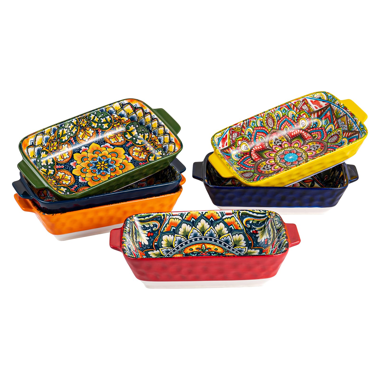 Henten Home 18 oz Rectangular Bowls with Handle, Ceramic Serving Bowls Set of 6, Bohemian Style Dishes for Salad, Risotto, Snack