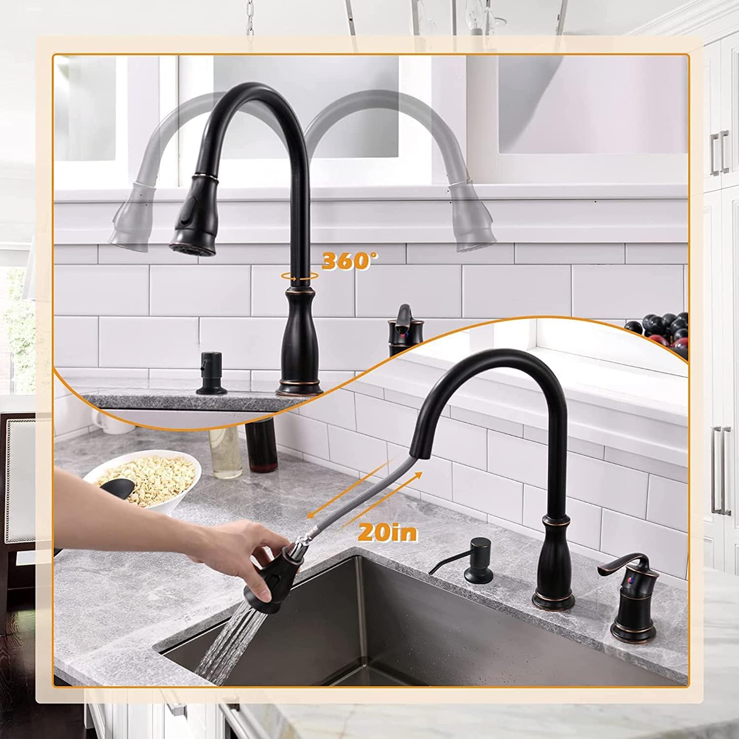 Appaso 3 Hole Pull Down Kitchen Faucet With Sprayer Oil Rubbed Bronze, 3 Pieces Pull Out Kitchen Sink Faucet With Side Single Ha