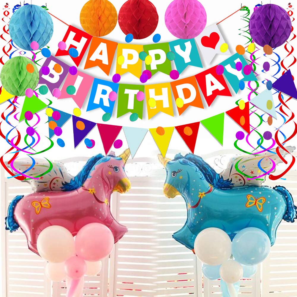 Fecedy Colorful Happy Birthday Banner Paper Triangle Flag Bunting Circle Confetti Dots Hanging Garland And Honeycomb Ball Swirl