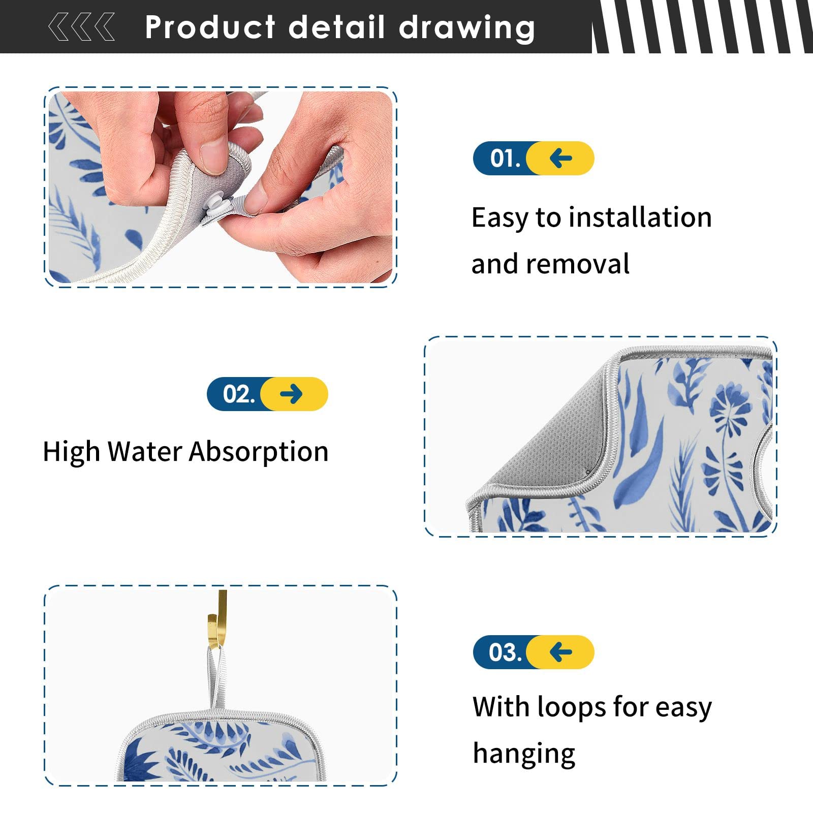 2 Pack Faucet Absorbent Mat, Susiyo Blue Watercolor Floral Kitchen Sink Splash Guard Behind Faucet - 14.9X5.5Inch