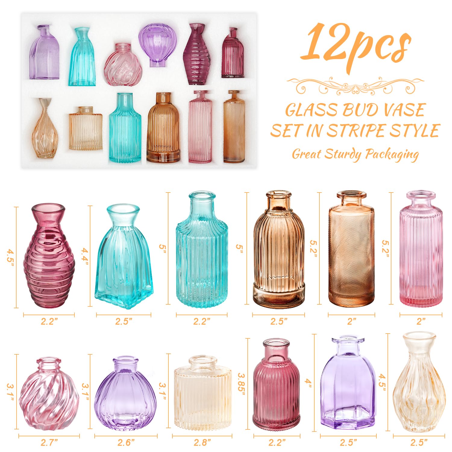 12PCS Mixed Colored Bud Vases Small Glass Vases for Flowers Colorful Vintage Flower Vase for Centerpieces Aesthetic Glass Bottle