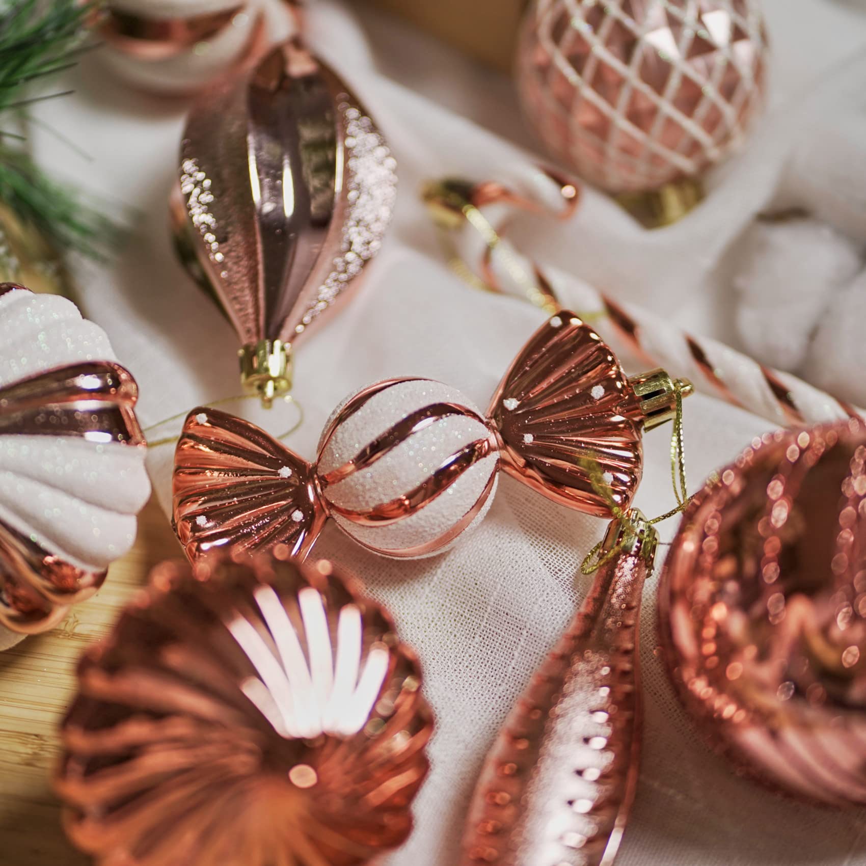 Christmas Ball Ornaments Shatterproof Plastic Tree Ornaments 24 PCS Shaped Styles Xmas Tree Holiday Decor,Rose Gold