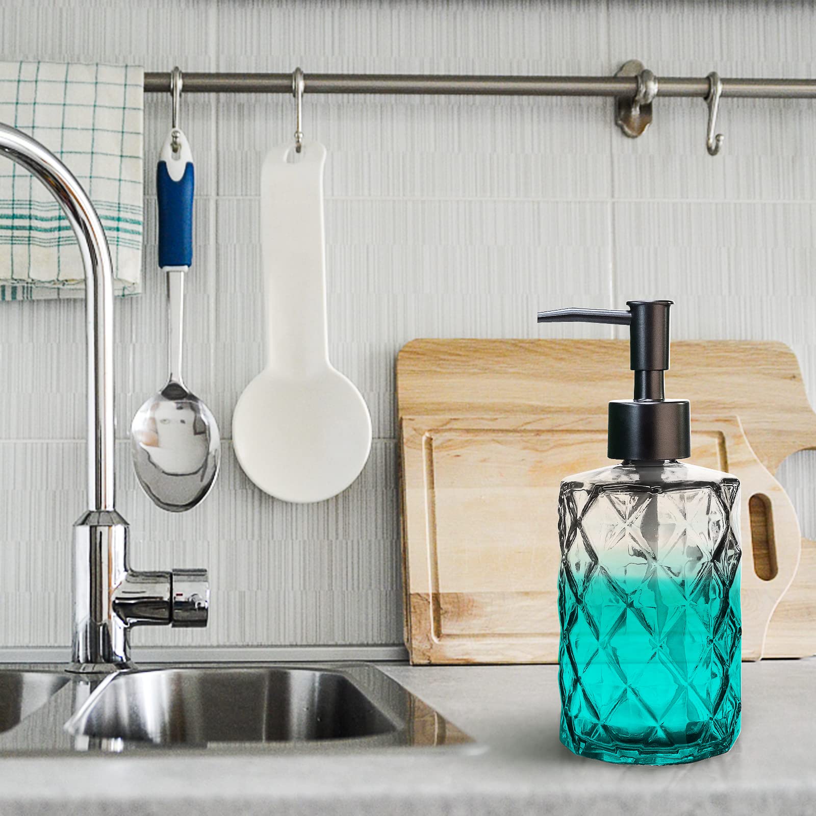 Ulable 2Pcs Clear Glass Soap Dispenser With Pump, 11Oz Diamond Design Refillable Soap Dispenser For Hand Wash, Dish Wash, Bathro