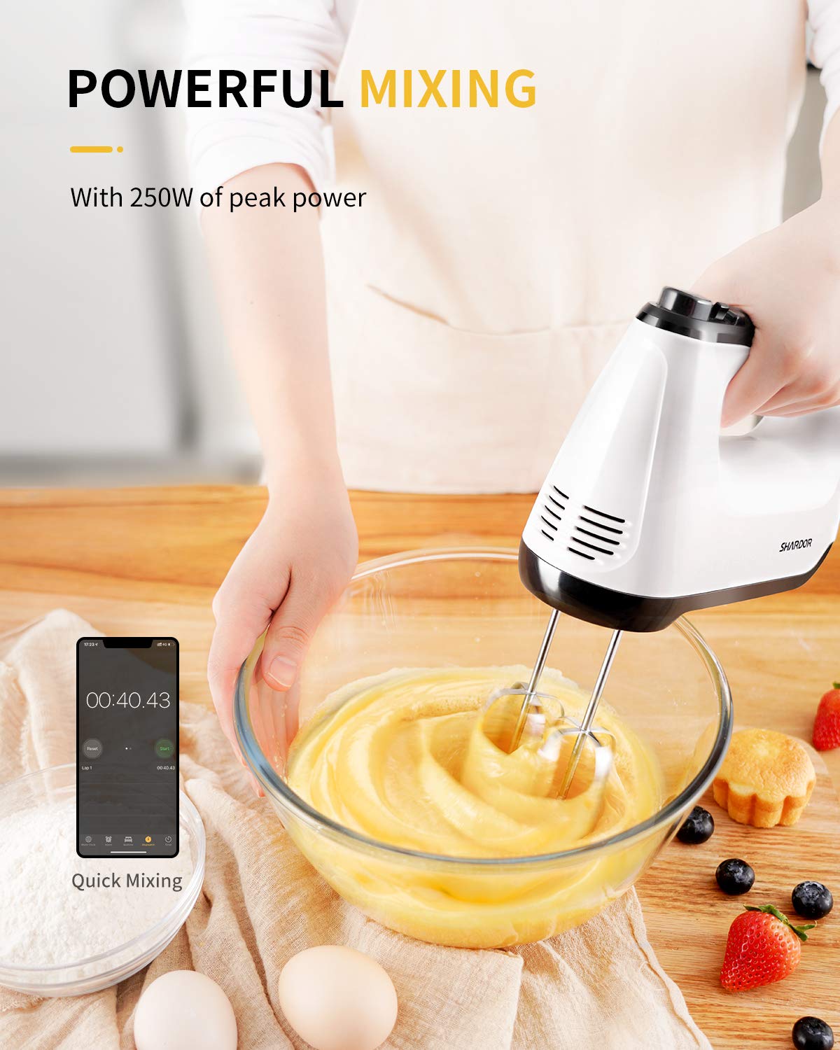 SHARDOR Hand Mixer Electric  6 Speed & Turbo Handheld Mixer with 5 Stainless Steel Accessories  Electic Mixer for Whipping  Mixing Cookies  Brownie  Cakes  Dough Batters  Snap-On Storage Case  White
