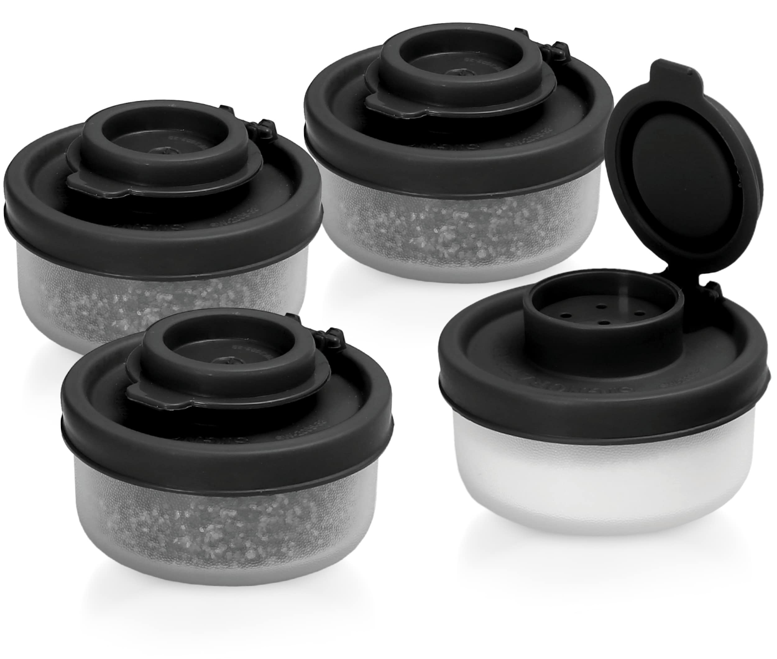 Salt and Pepper Shakers Moisture Proof Set of 4 Small Mini Salt Shaker to go Camping Picnic Outdoors Kitchen Lunch Boxes Travel Spice set Clear with Black Covers Plastic Airtight Spice Jar Dispenser