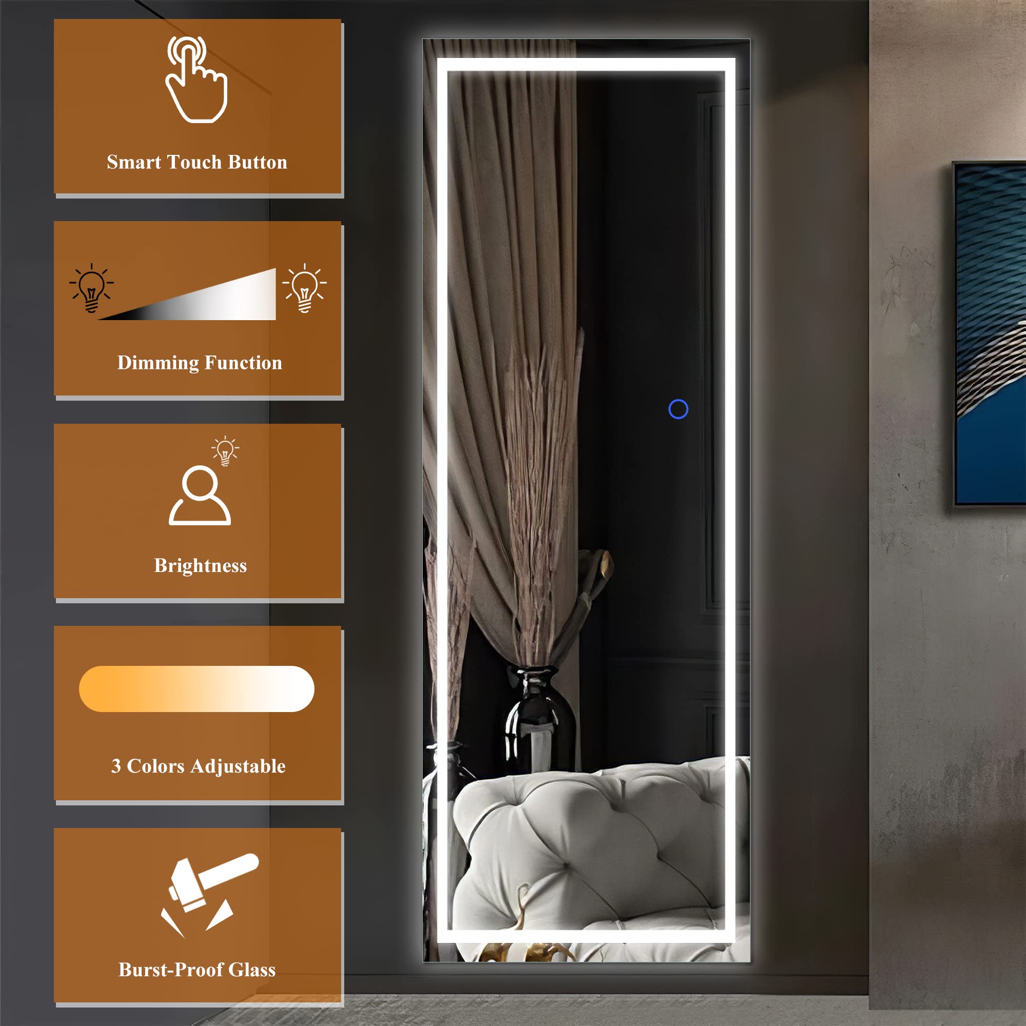 NeuType LED Mirror 63''x 20'' Full Length Mirror with LED Lights Standing Mirror Large Rectangle Mirrors 3 Colors Dimmable Lighting  Stepless Dimming for Bedroom Bathroom Living Room - Silver