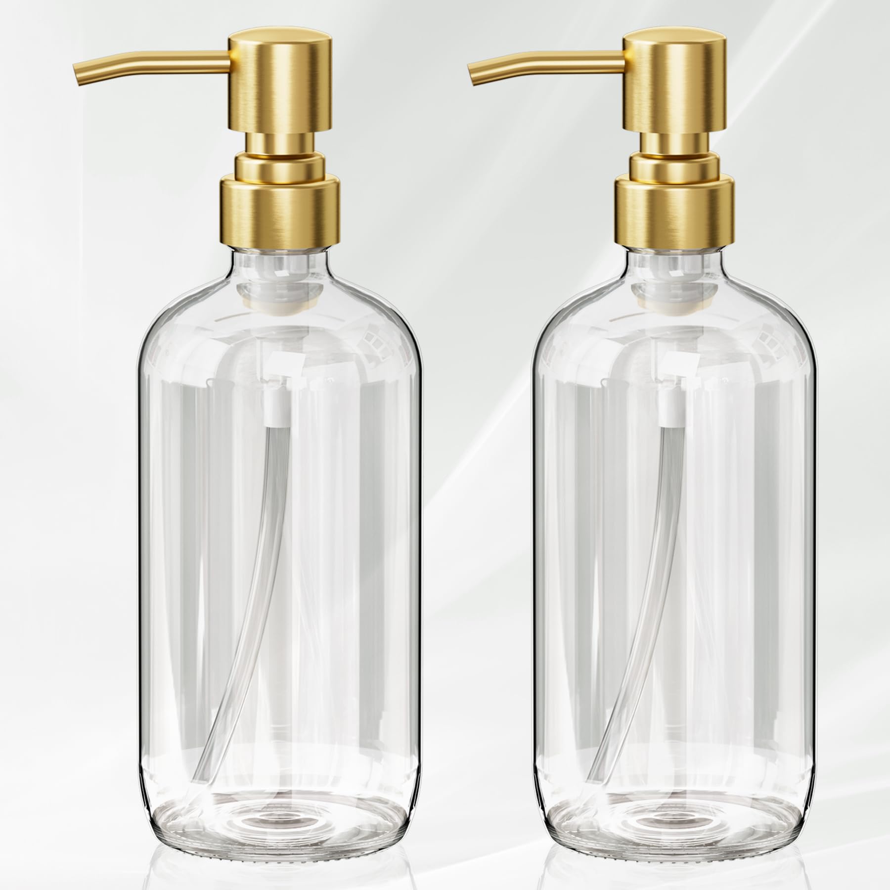 Amazerbath Soap Dispenser, 2 Pack Glass Soap Dispenser With Pump Stainless Steel, 17Oz Gold Hand Soap Dispenser, Clear Soap Disp