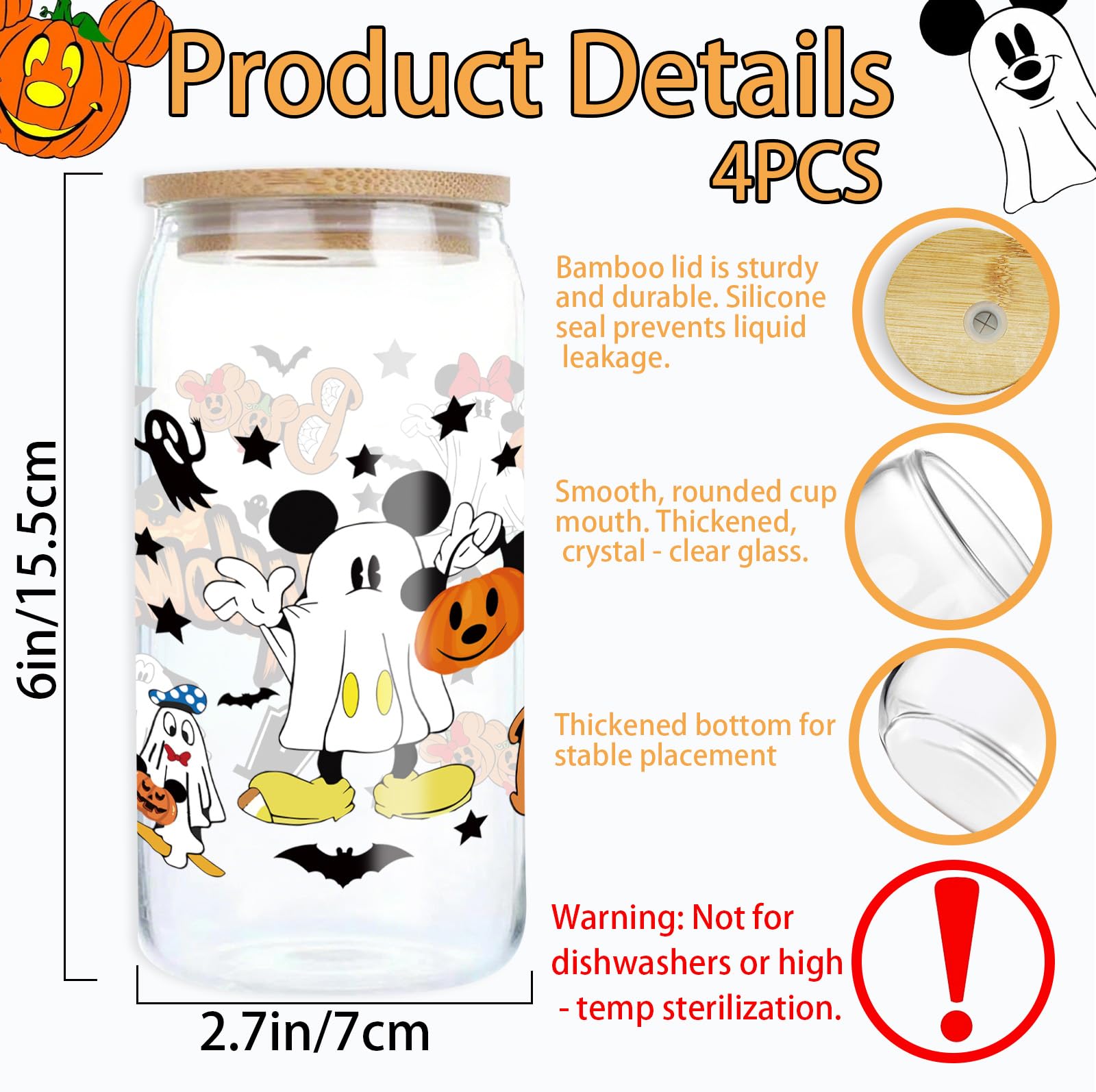 qiyeyeye 4Pcs 16oz Halloween Ghost Glass Cups with Lids and Straws, Cute Mouse and Pumpkin Pattern Design, Iced Coffee Tumblers,