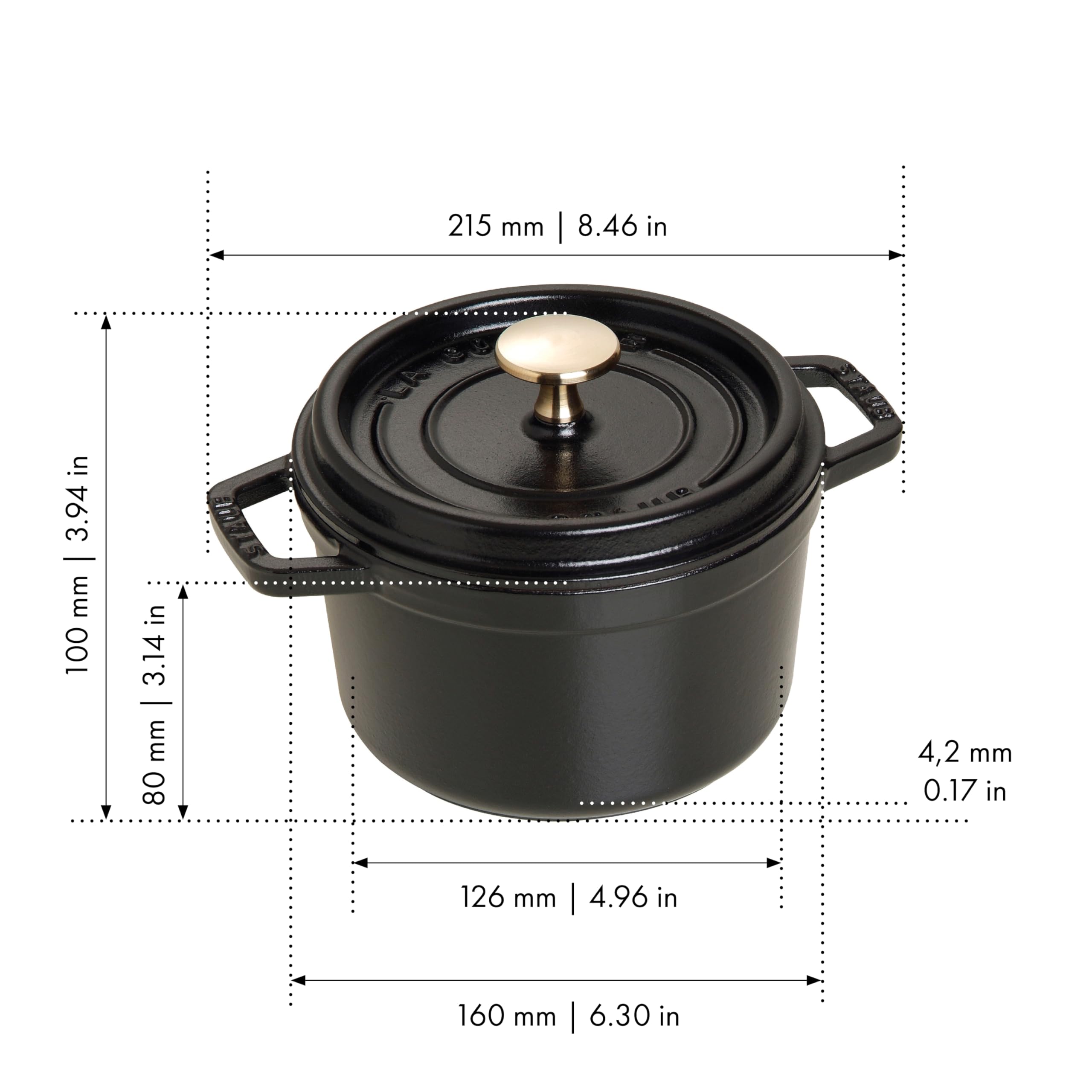 Staub Cast Iron Dutch Oven 1.25-Qt Round Cocotte, Made In France, Serves 2, Matte Black