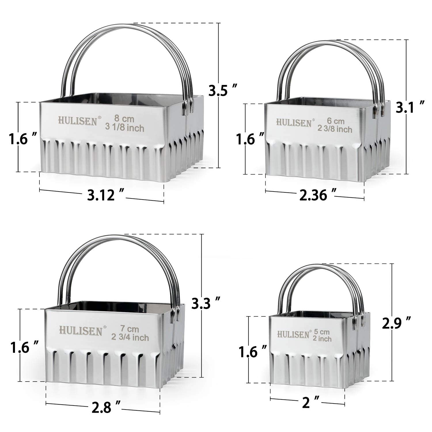 HULISEN Square Biscuit Cutter Set (4 Pieces/Set)  Stainless Steel Cookies Cutter with Handle  Professional Baking Dough Tools (Ripple Square)