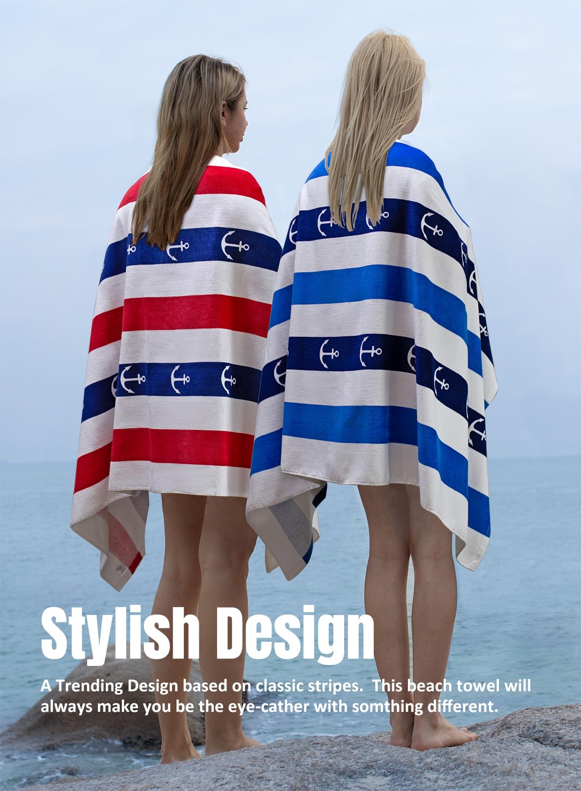 Cabanana Large Beach Towel Oversized - Cotton Velour 35 X 70 Inch Anchor Striped Terry Pool Towel, Cabana Soft Swimming Towel Fo