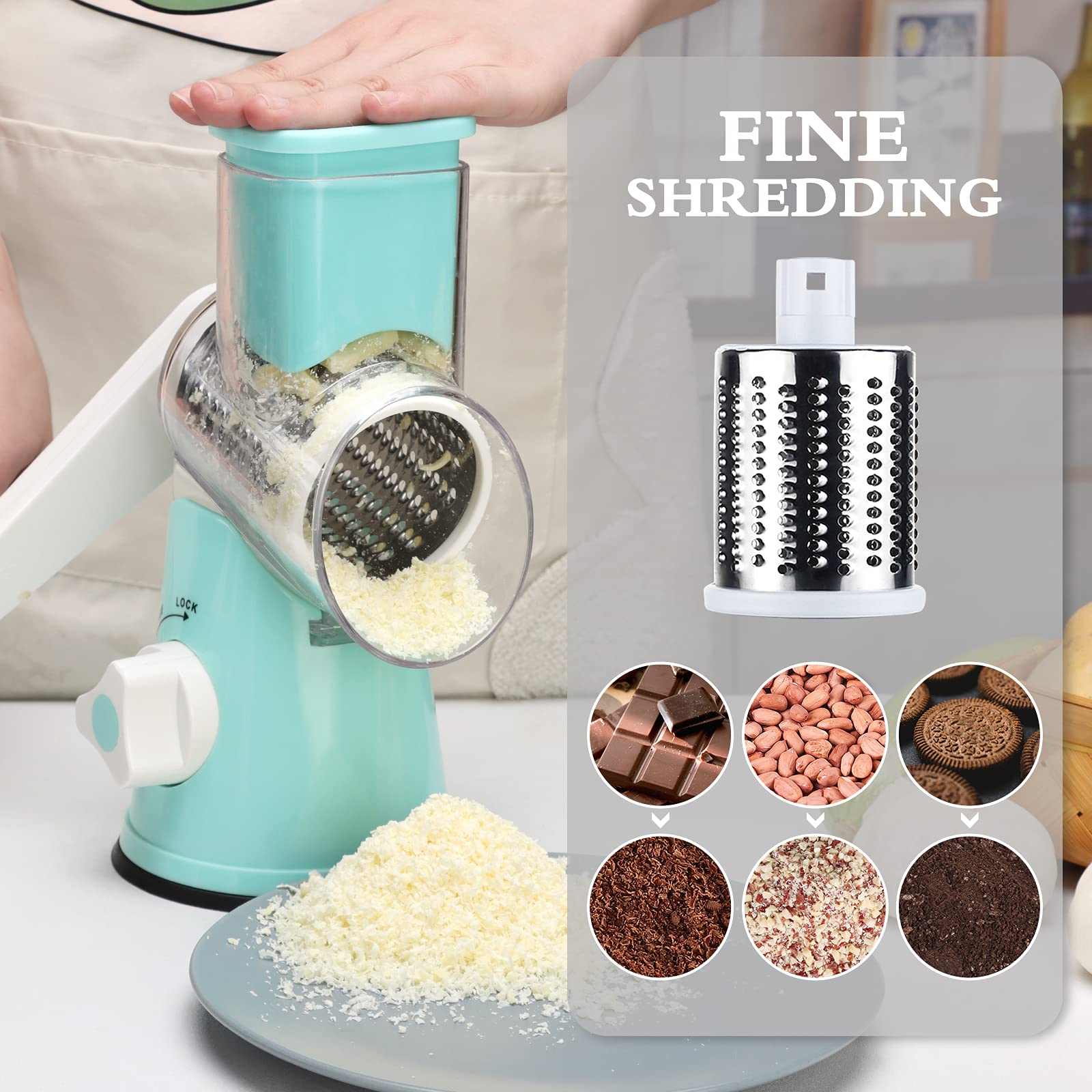 Ancevsk Rotary Cheese Grater Manual Kitchen Shredder, Speed Round Mandoline Vegetable Slicer Safe Food Grinder With 3 Interchang