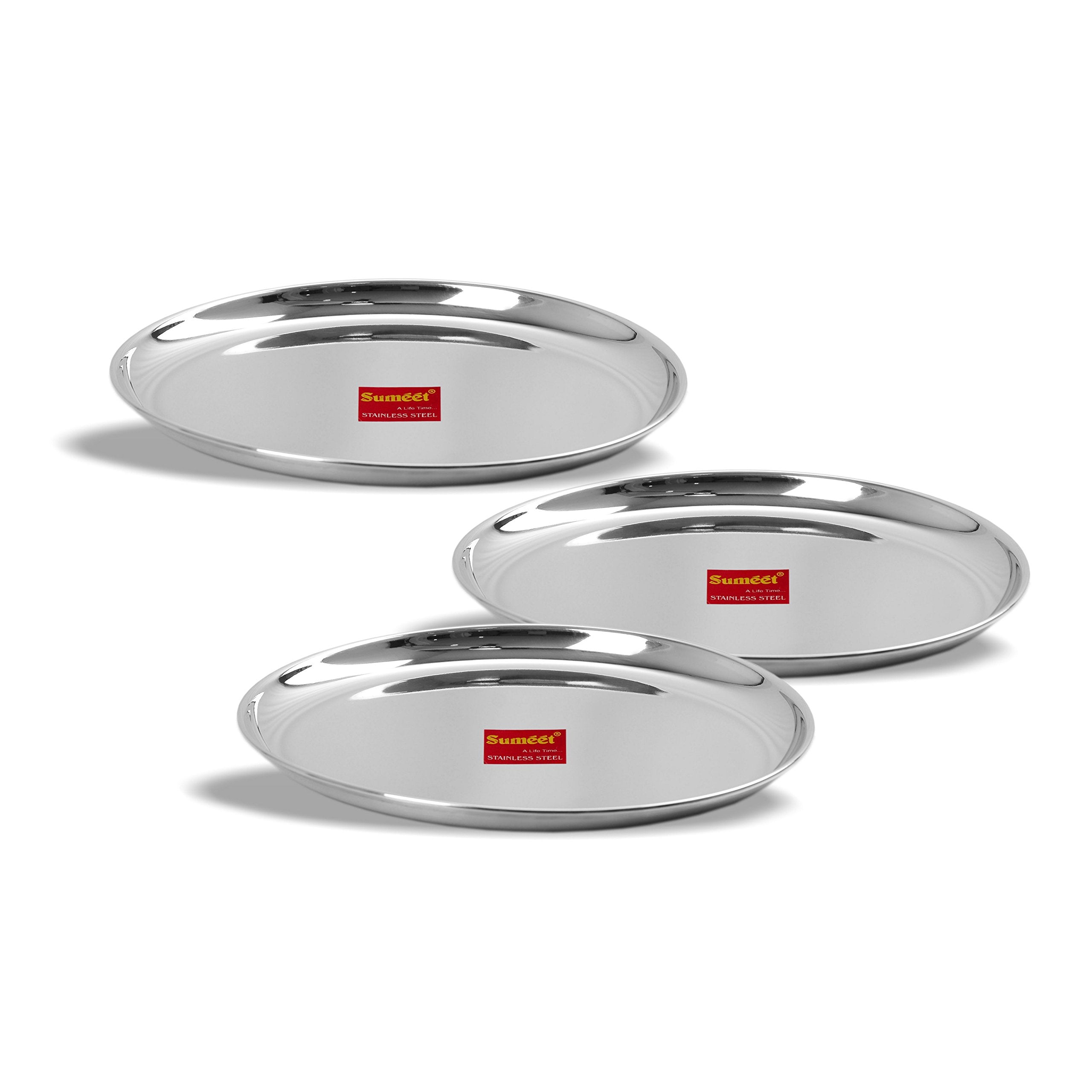 Sumeet Stainless Steel Heavy Gauge Shallow Dinner Plates With Mirror Finish 31Cm Dia - Set Of 3Pc