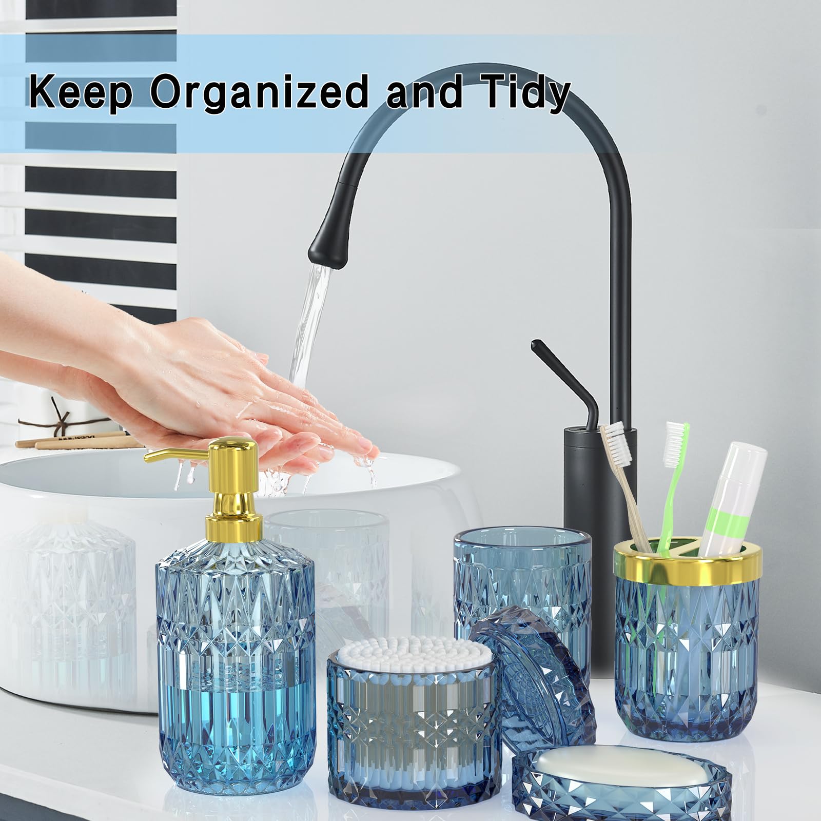 Blue Bathroom Accessories Set, 5 Pcs Clear Glass Bathroom Accessories With Lotion Soap Dispenser, Soap Dish, Toothbrush Holder,