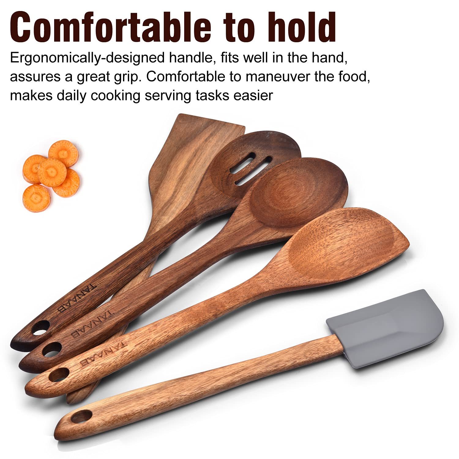 Tanaab Wooden Spoons Kitchen Utensils Set For Cooking Baking, Natural Wood Slotted Spoon Solid Corner Spoon Turner Silicone Spat
