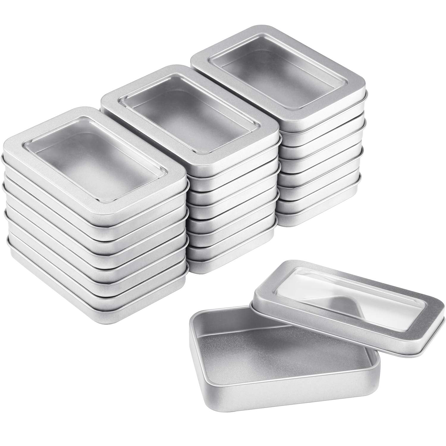 TecUnite 24 Pieces Tin Box Metal Tins with Lids Clear Top Empty Mini Portable Small Storage Tins Case for Home Candles, Candies,