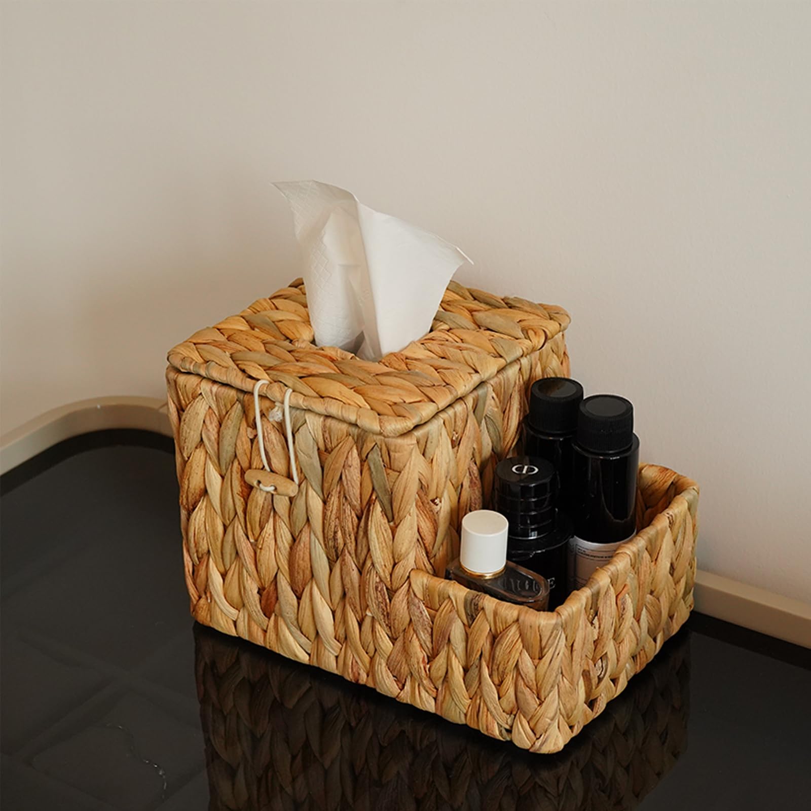 Pinxiury Water Hyacinth Tissue Box Cover Square, Tissue Box Holder, Tissue Box With Remote Organizer, Bedside Organizer, Remote