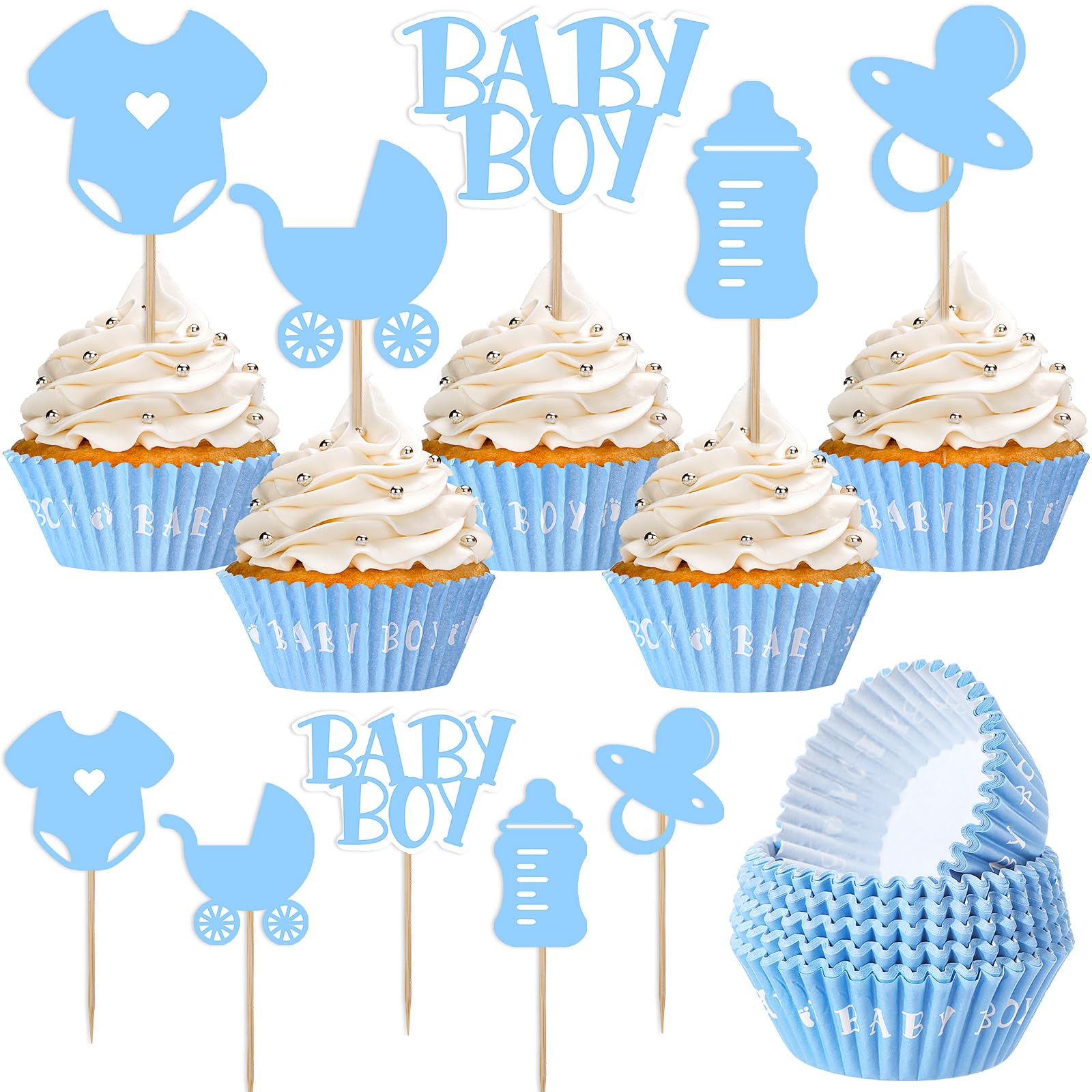 Suttmin 250 Pcs Baby Boy Cupcake Decorations Include 150 Baby Blue Cupcake Liners Wrappers Baking Cups 100 Baby Boy Cupcake Topp