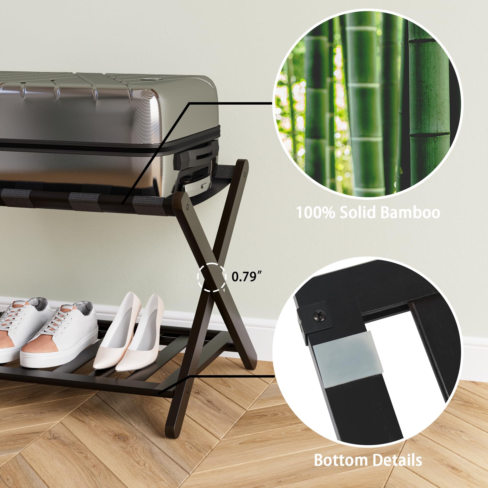 Smart Fendee 2 Pack Fully Assembled Black Bamboo Luggage Racks With Shoe Shelf, 5 Straps Folding Suitcase Stand, Heavy Duty Lugg