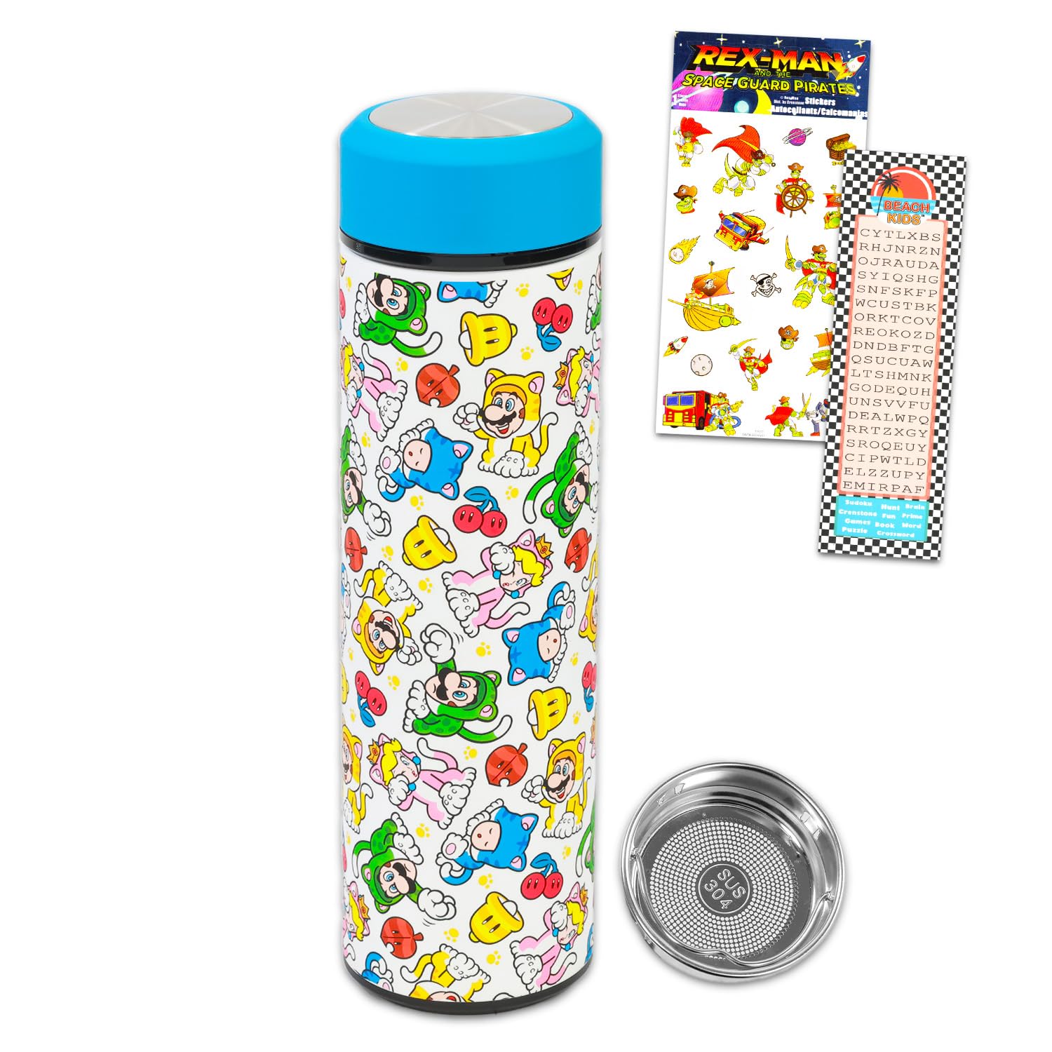 Super Mario Water Bottle Set with Infuser and Strainer - Bundle with Insulated Drinking Bottle Plus Stickers Activity Book, More